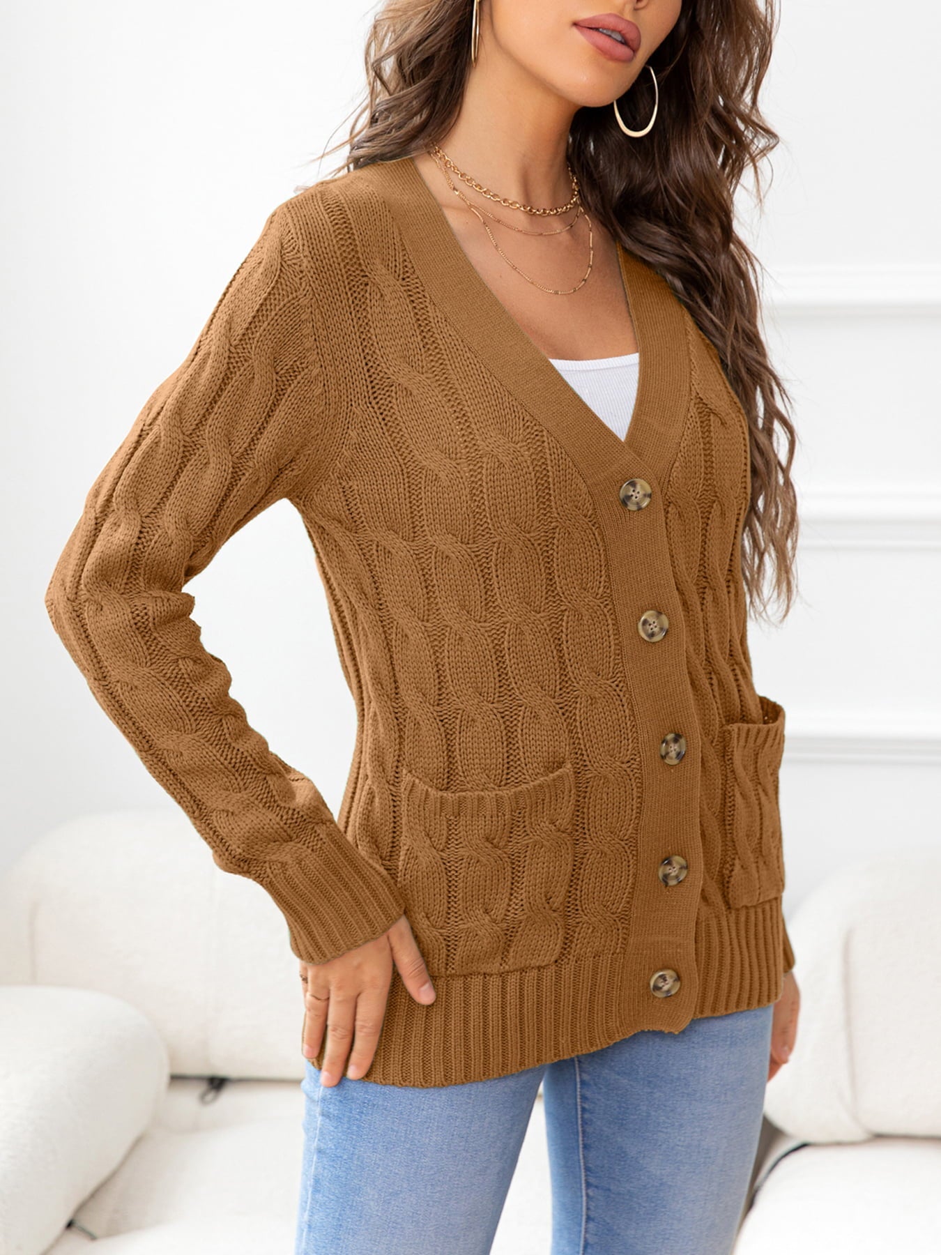 Button Down Cable-Knit Cardigan - Tangerine Goddess