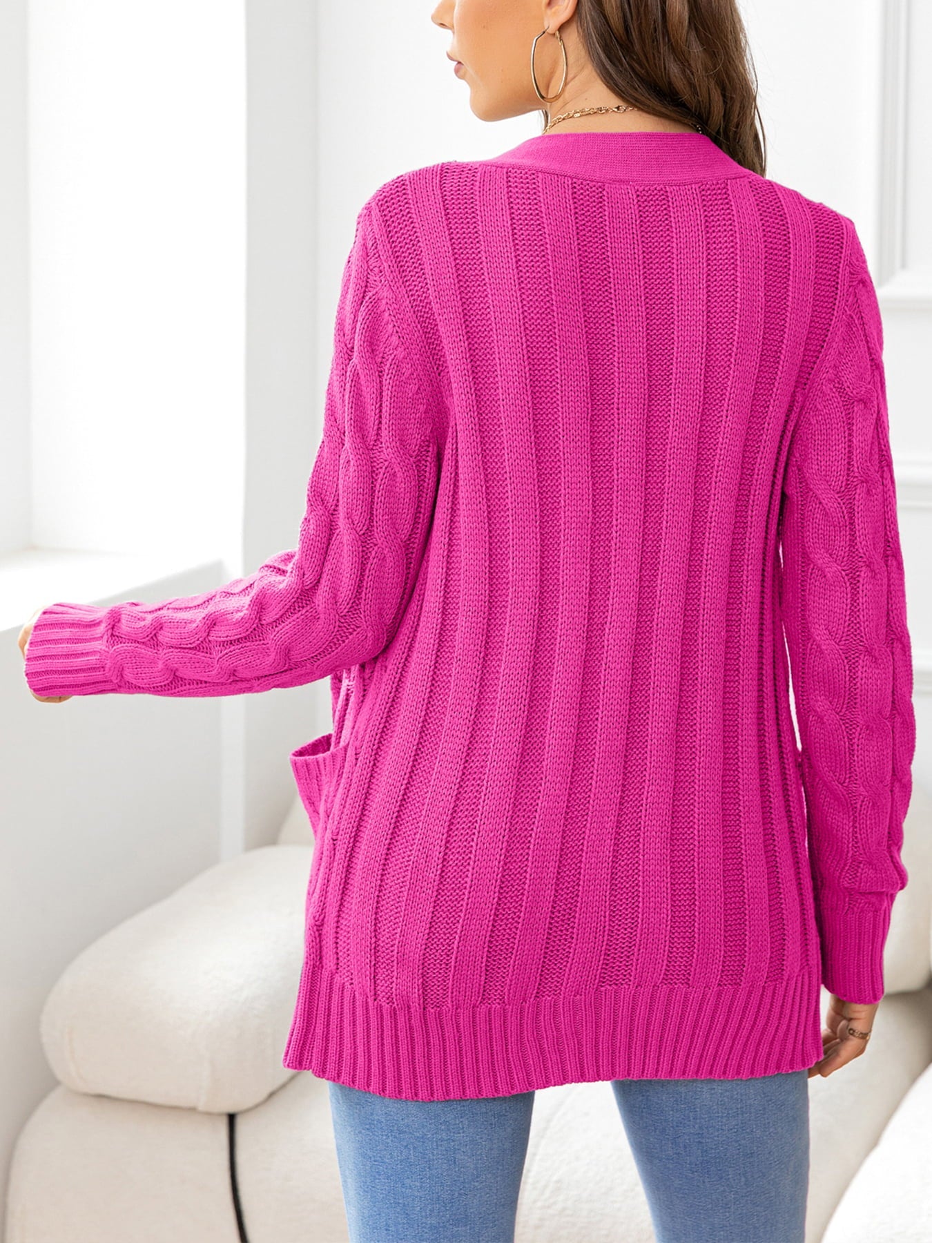 Button Down Cable-Knit Cardigan - Tangerine Goddess