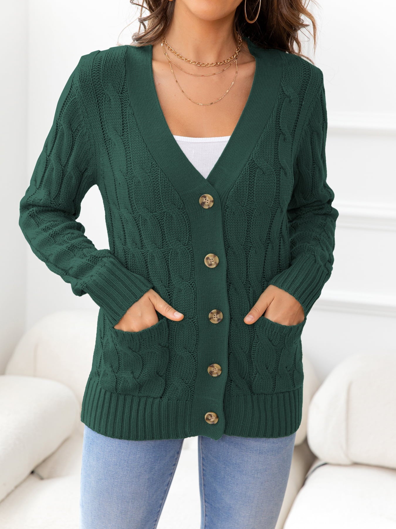 Button Down Cable-Knit Cardigan - Tangerine Goddess