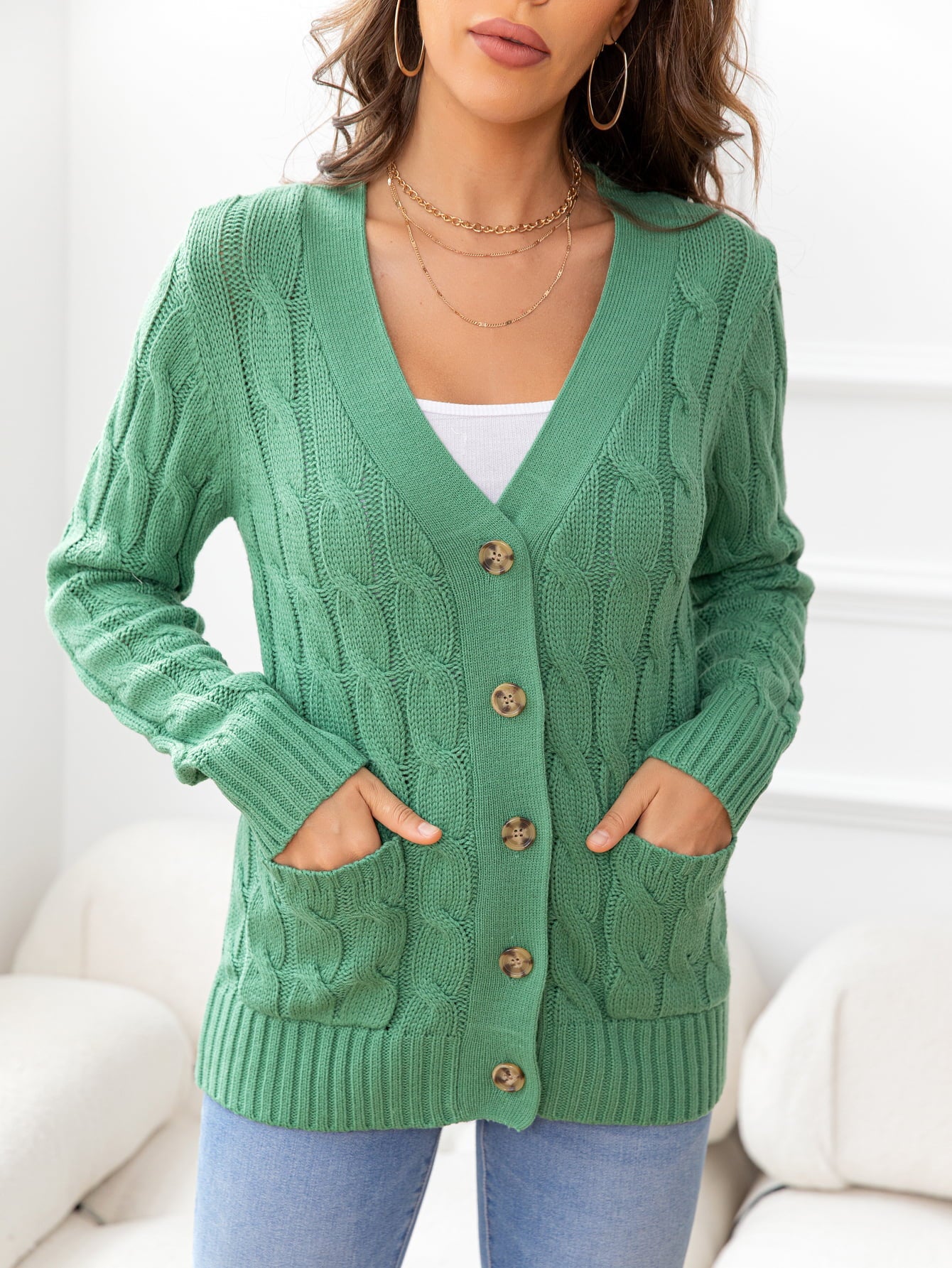 Button Down Cable-Knit Cardigan - Tangerine Goddess