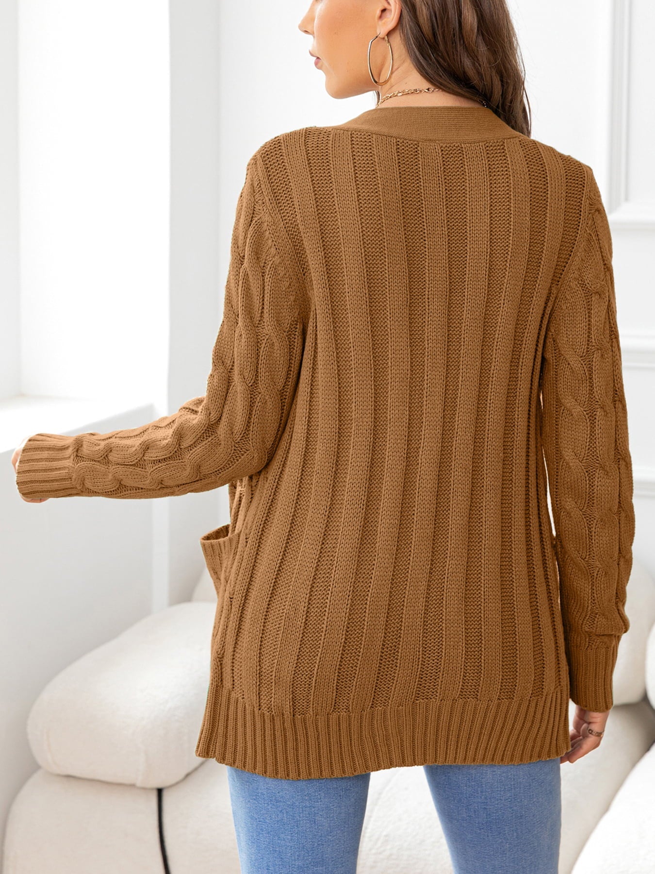 Button Down Cable-Knit Cardigan - Tangerine Goddess