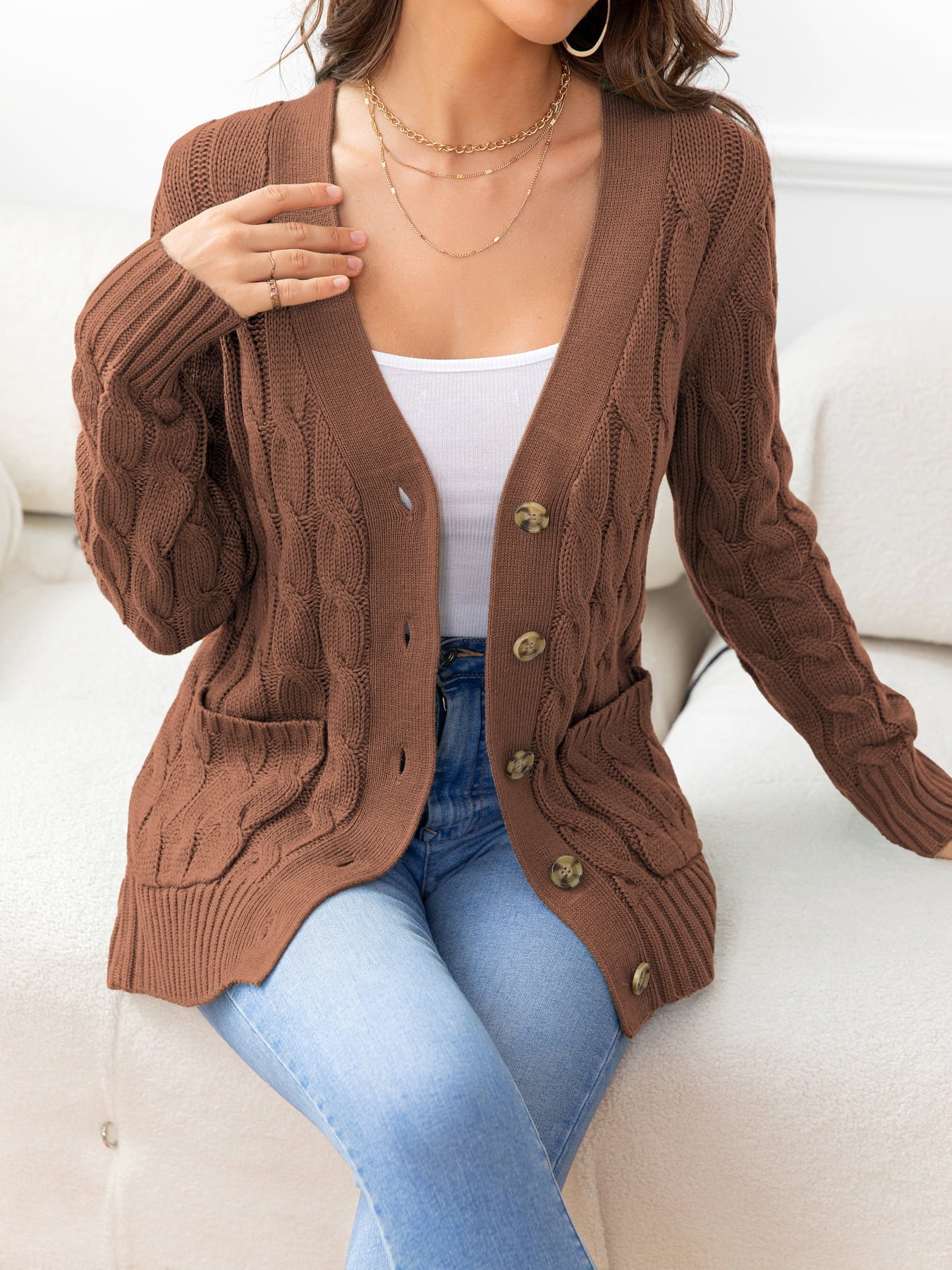 Button Down Cable-Knit Cardigan - Tangerine Goddess