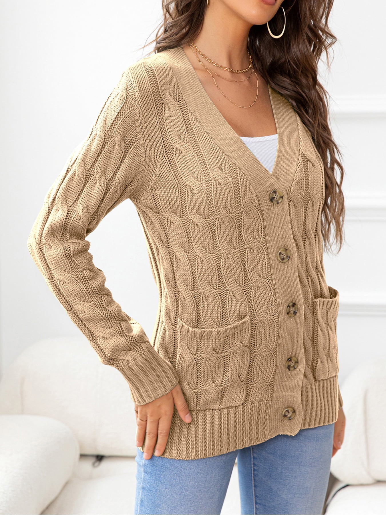 Button Down Cable-Knit Cardigan - Tangerine Goddess
