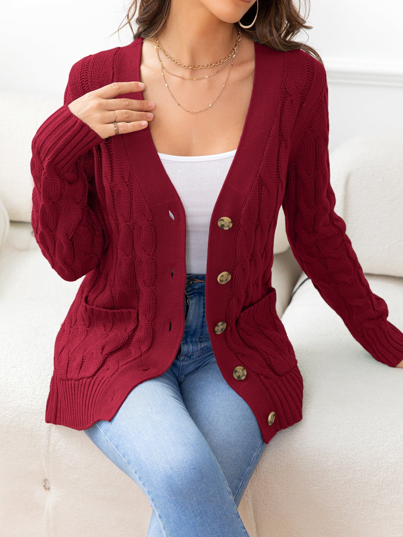Button Down Cable-Knit Cardigan - Tangerine Goddess