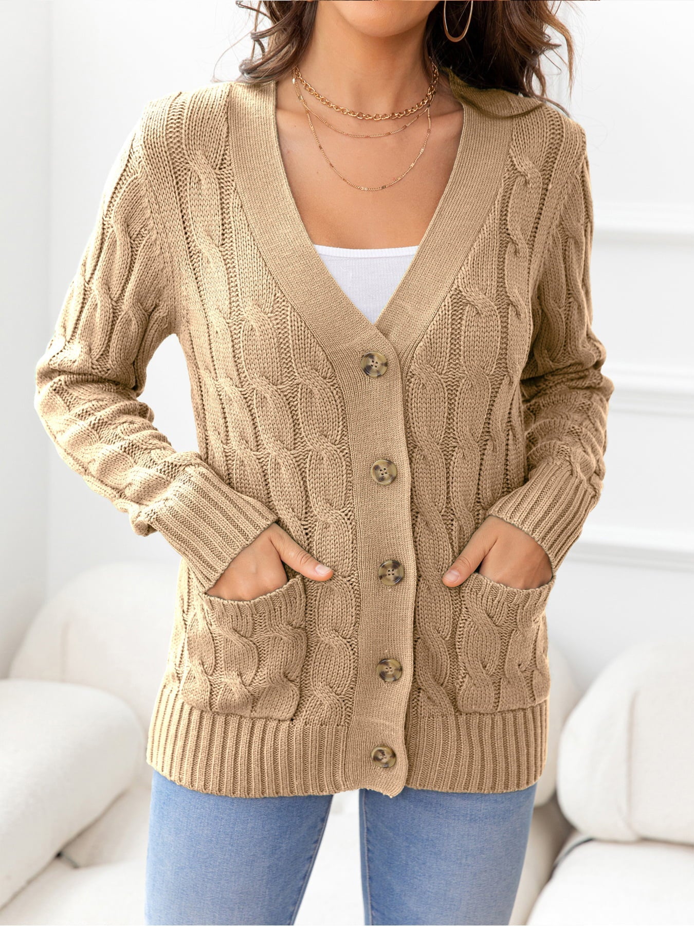 Button Down Cable-Knit Cardigan - Tangerine Goddess