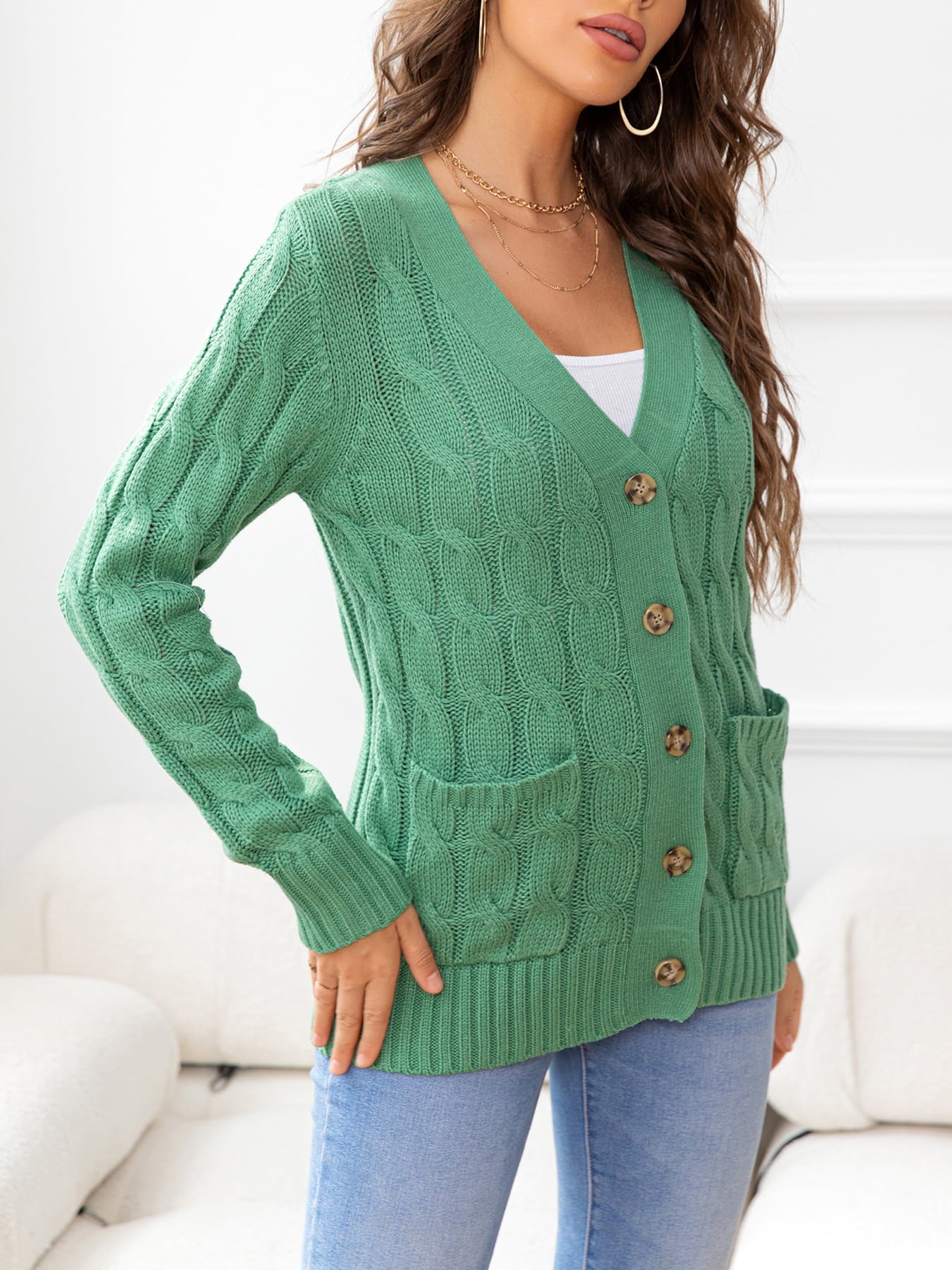 Button Down Cable-Knit Cardigan - Tangerine Goddess