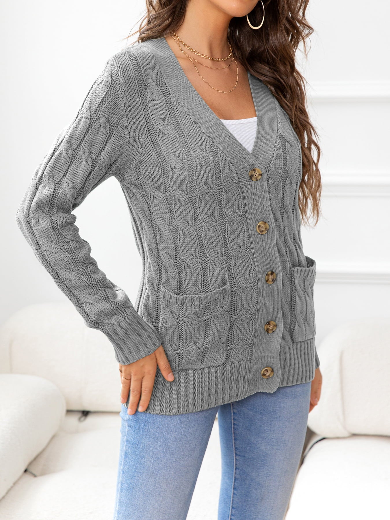 Button Down Cable-Knit Cardigan - Tangerine Goddess