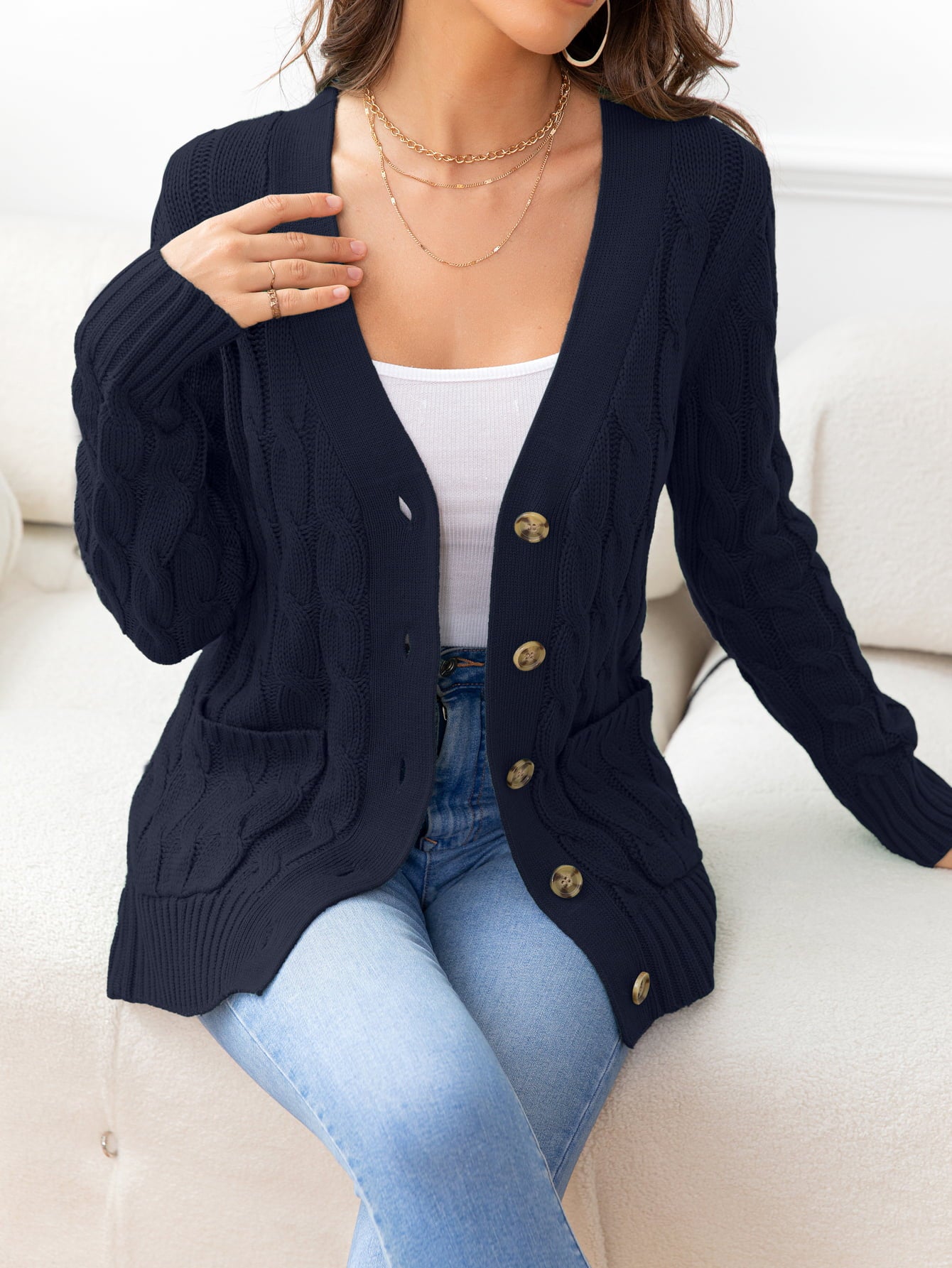 Button Down Cable-Knit Cardigan - Tangerine Goddess