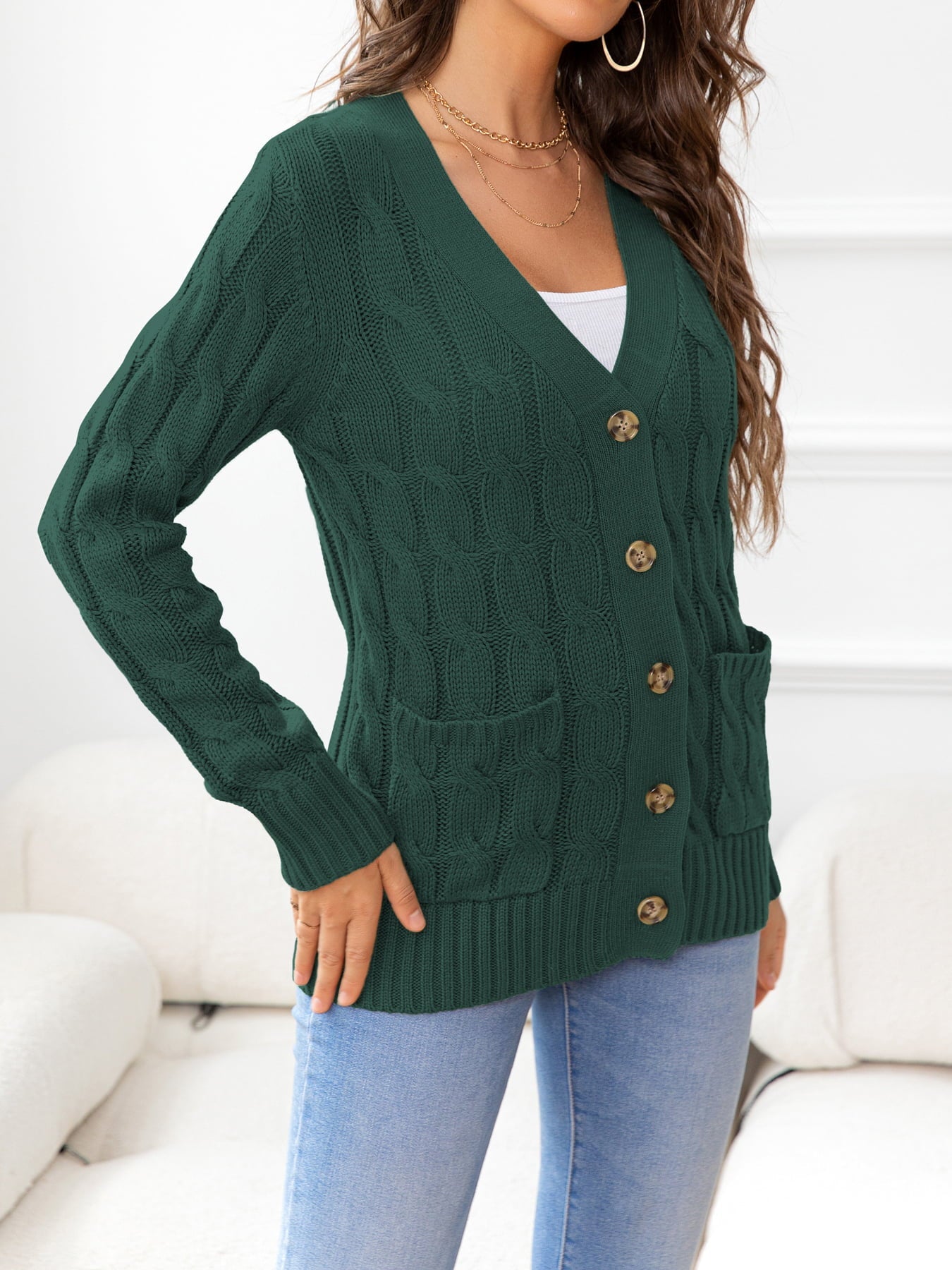 Button Down Cable-Knit Cardigan - Tangerine Goddess
