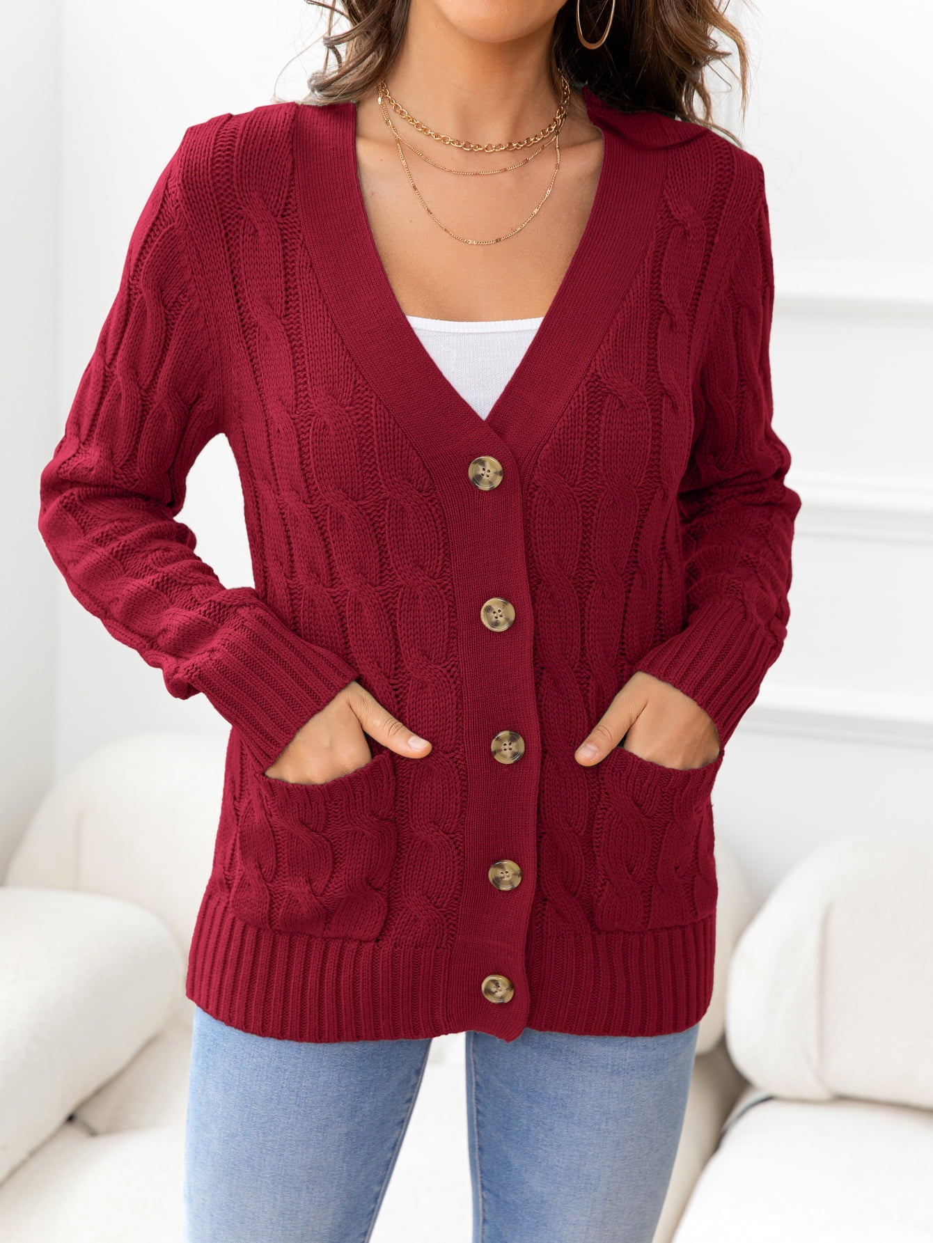 Button Down Cable-Knit Cardigan - Tangerine Goddess