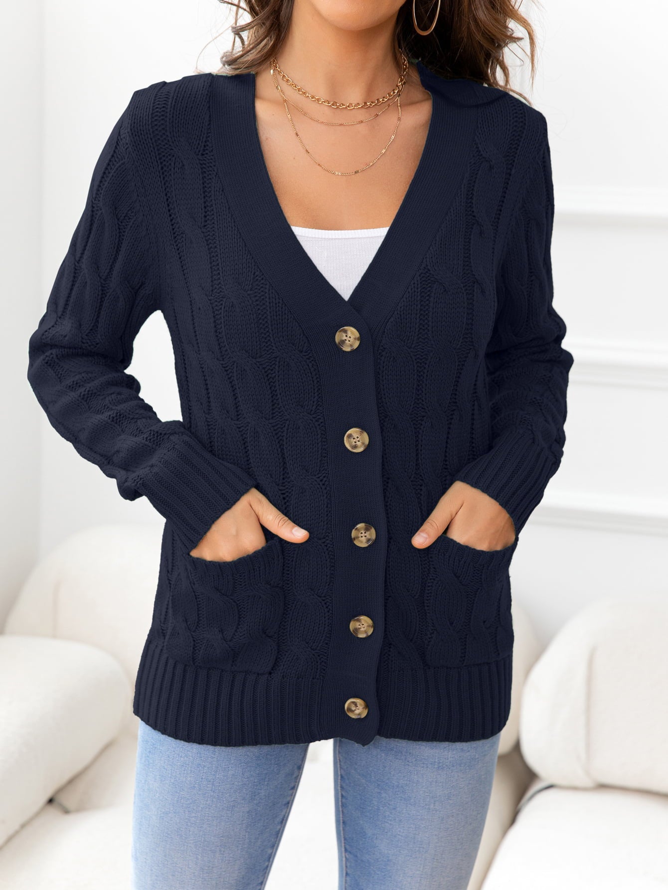 Button Down Cable-Knit Cardigan - Tangerine Goddess
