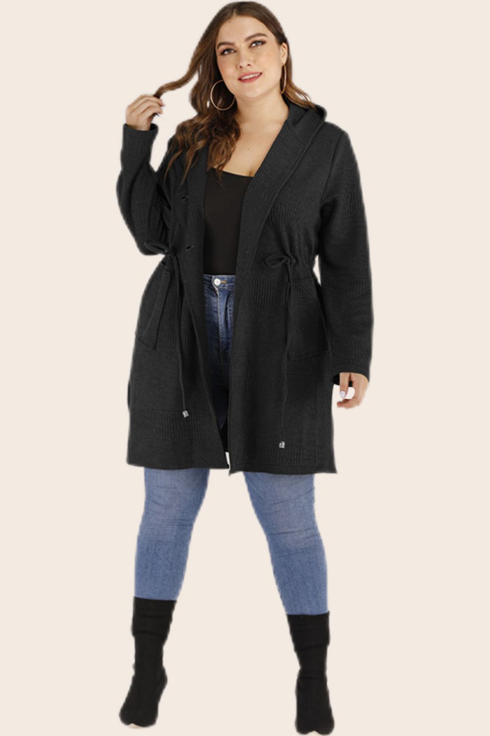 Drawstring Waist Hooded Jacket with Pockets - Tangerine Goddess
