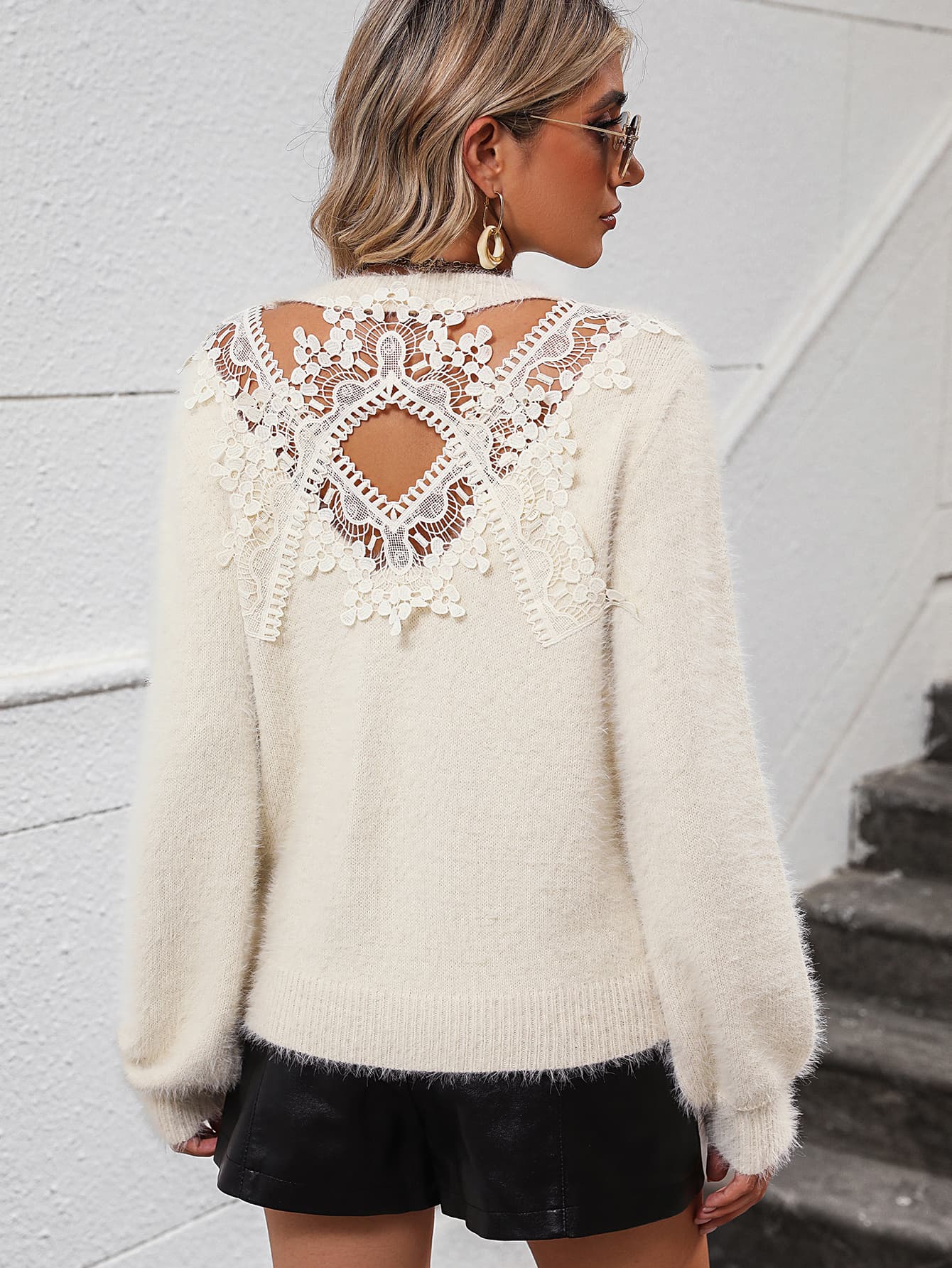 Lace Detail Cutout Sweater - Tangerine Goddess