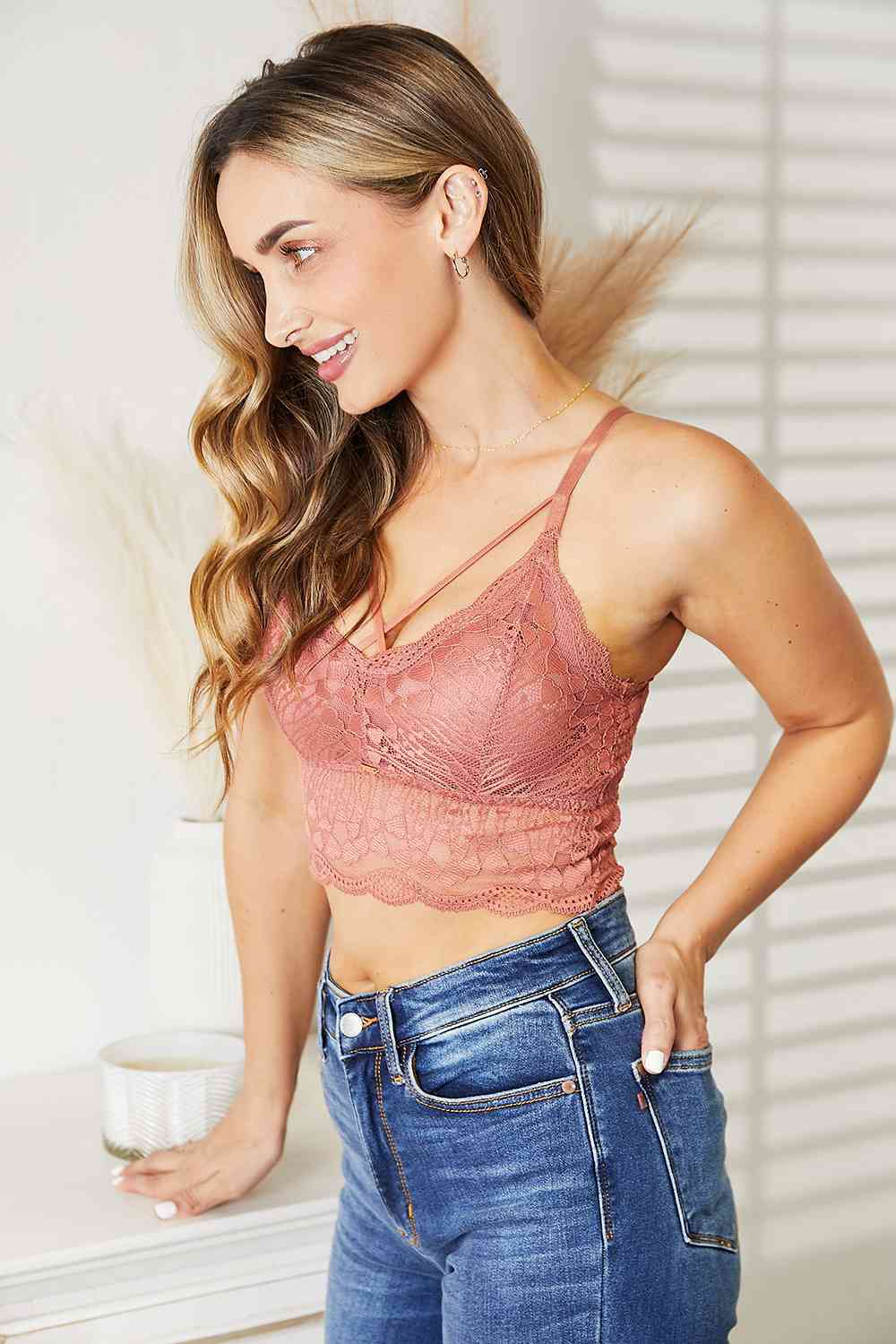 Mauve Crisscross Front Lace Bralette - Tangerine Goddess