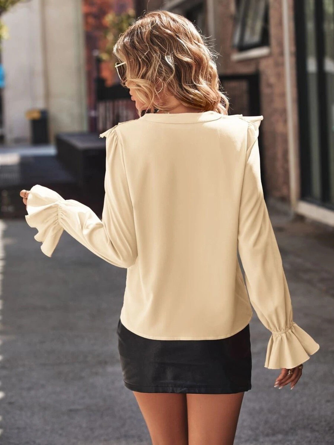 Ruffled V-Neck Flounce Sleeve Shirt - Tangerine Goddess