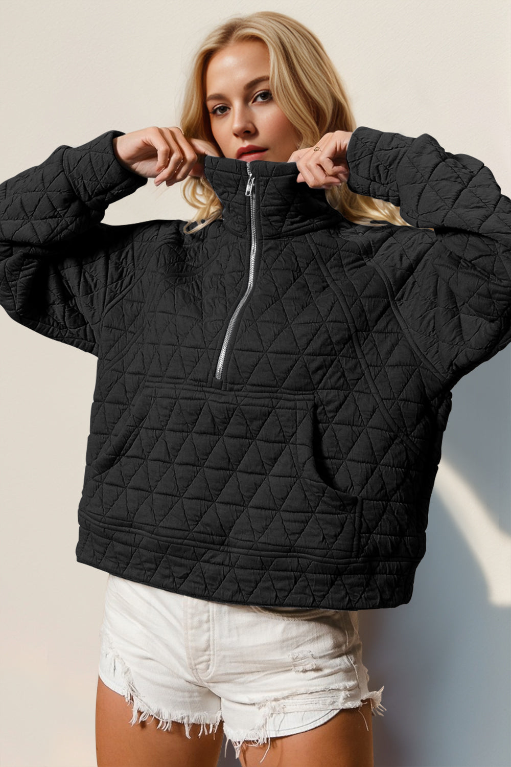 Half Zip Quilted Sweatshirt with Pockets