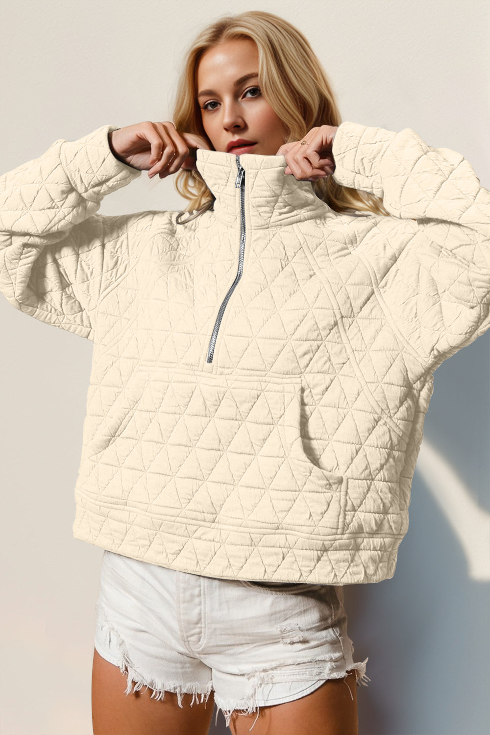 Half Zip Quilted Sweatshirt with Pockets