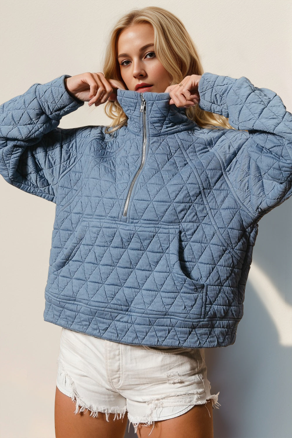Half Zip Quilted Sweatshirt with Pockets