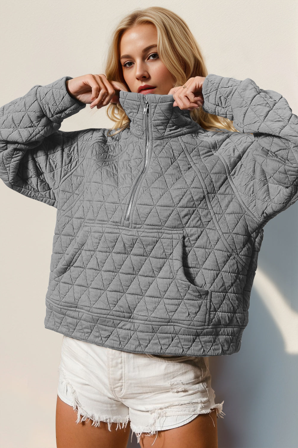 Half Zip Quilted Sweatshirt with Pockets