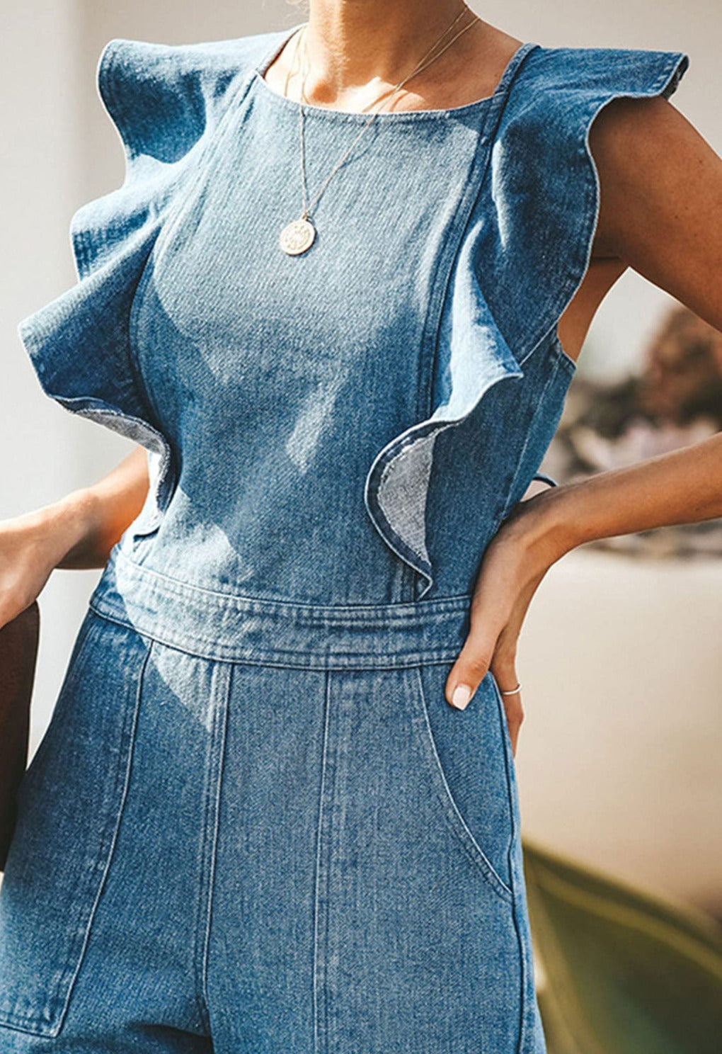 Ruffled Backless Denim Jumpsuit