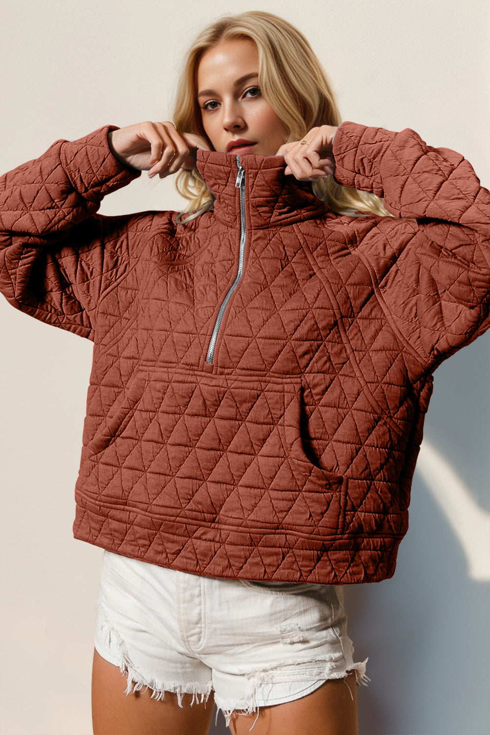 Half Zip Quilted Sweatshirt with Pockets