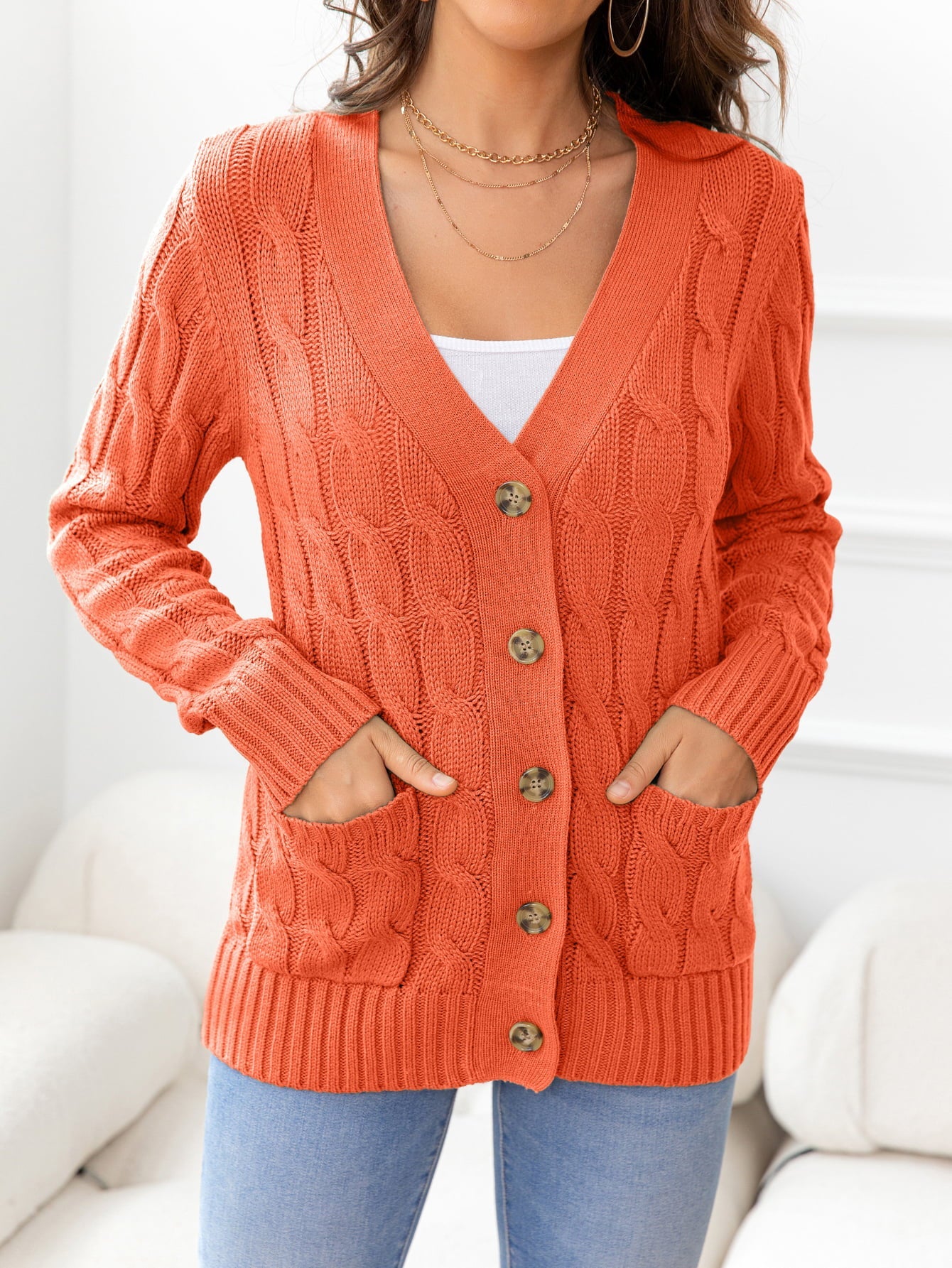 Button Down Cable-Knit Cardigan - Tangerine Goddess