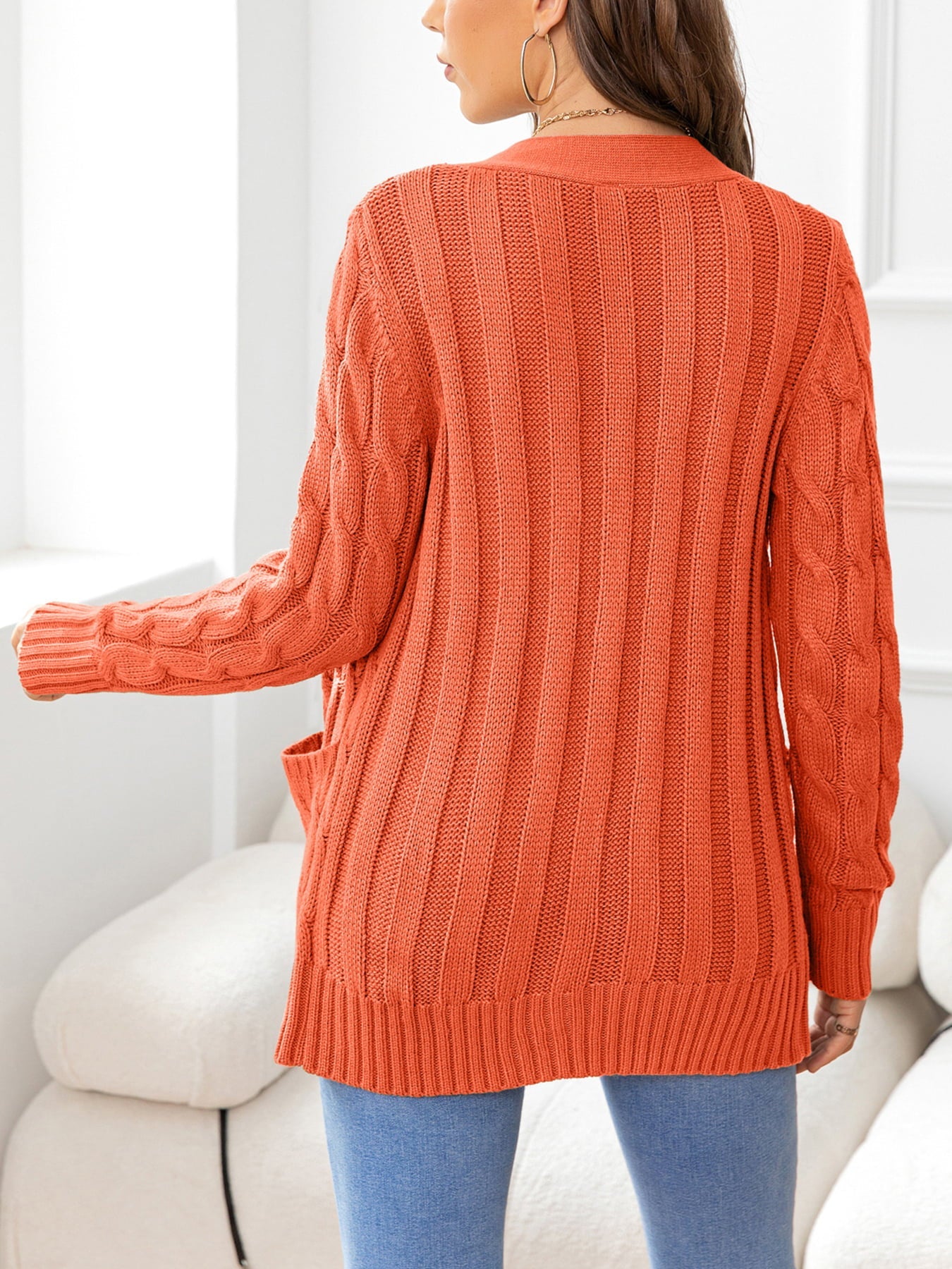Button Down Cable-Knit Cardigan - Tangerine Goddess
