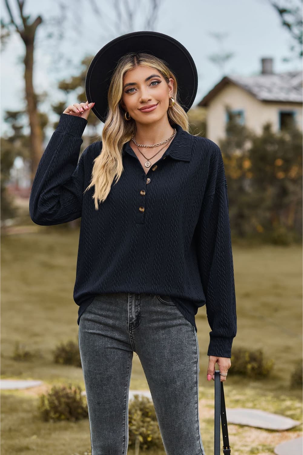 Collared Neck Long Sleeve Blouse - Tangerine Goddess