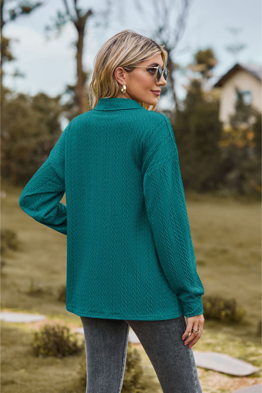 Collared Neck Long Sleeve Blouse - Tangerine Goddess