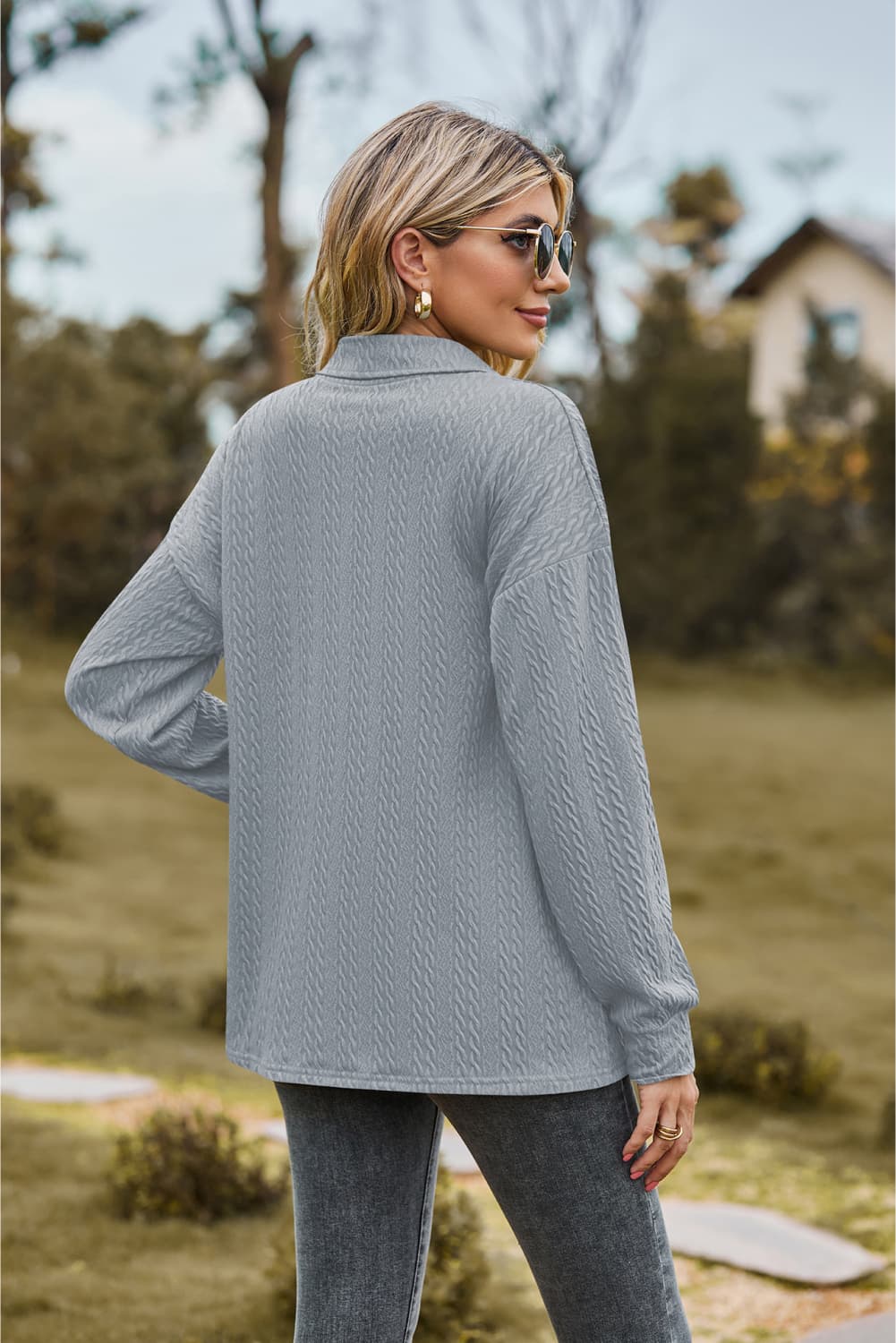 Collared Neck Long Sleeve Blouse - Tangerine Goddess