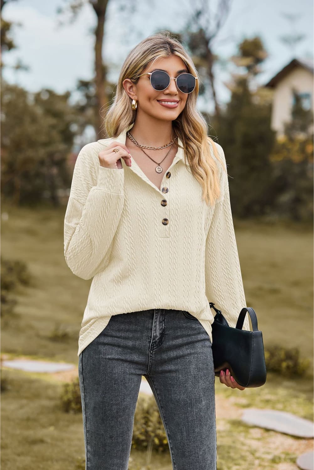 Collared Neck Long Sleeve Blouse - Tangerine Goddess