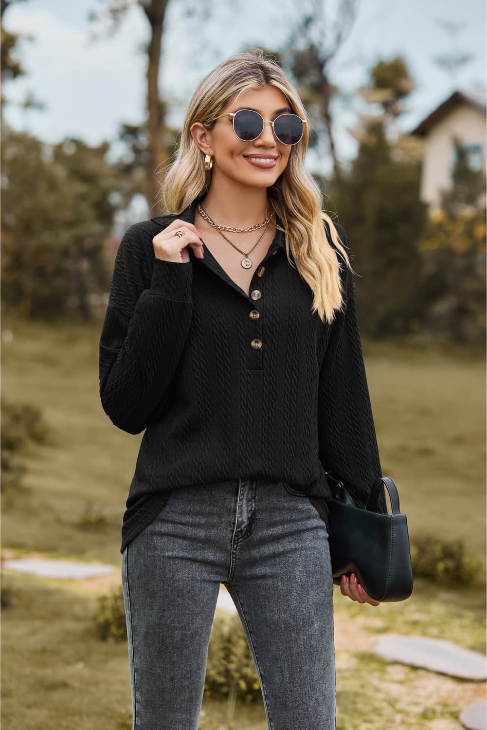 Collared Neck Long Sleeve Blouse - Tangerine Goddess