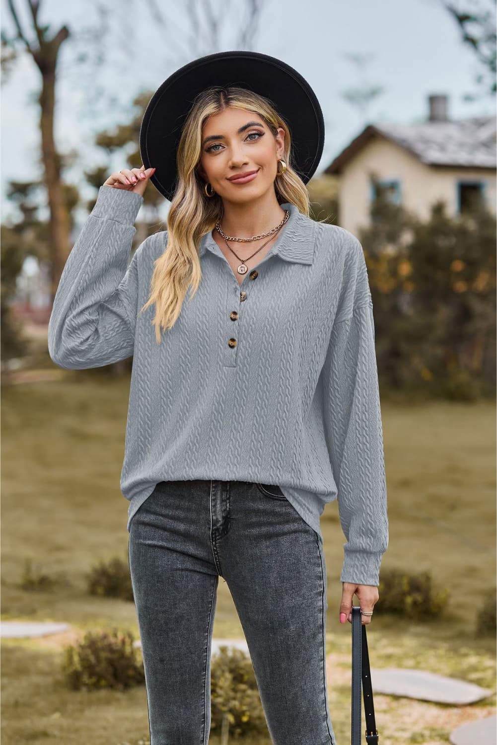 Collared Neck Long Sleeve Blouse - Tangerine Goddess