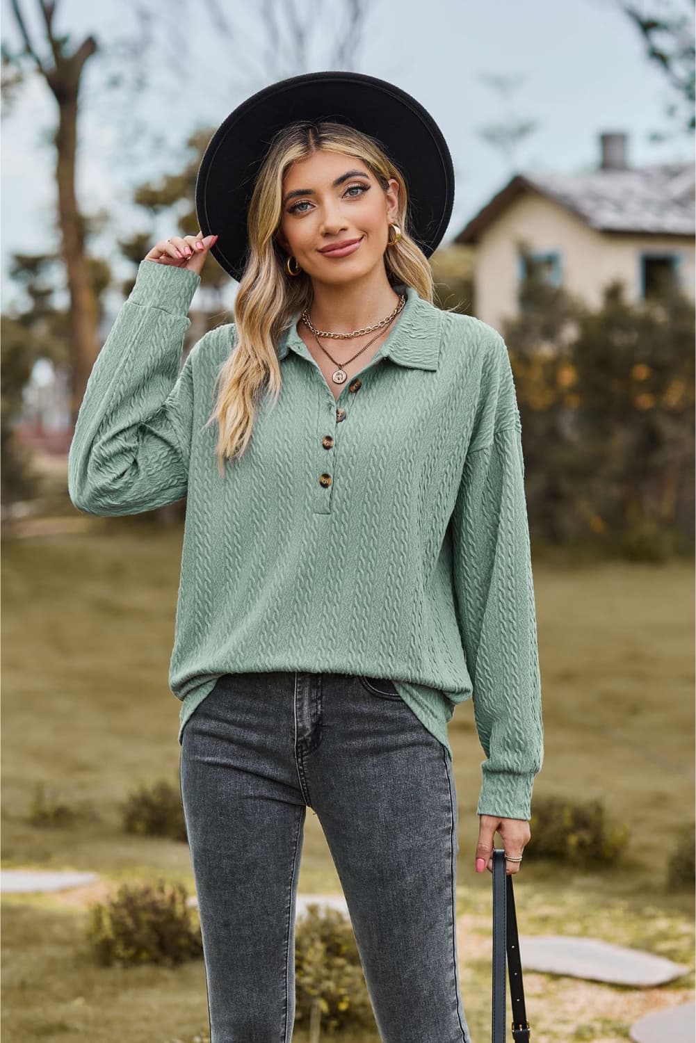 Collared Neck Long Sleeve Blouse - Tangerine Goddess