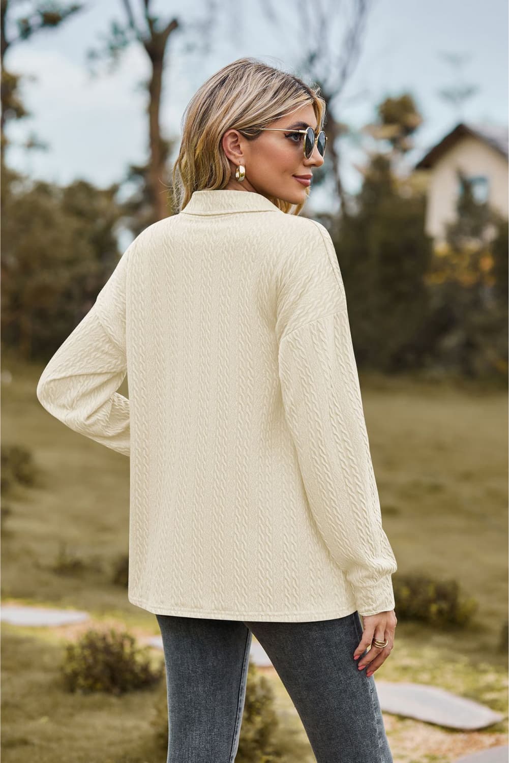 Collared Neck Long Sleeve Blouse - Tangerine Goddess