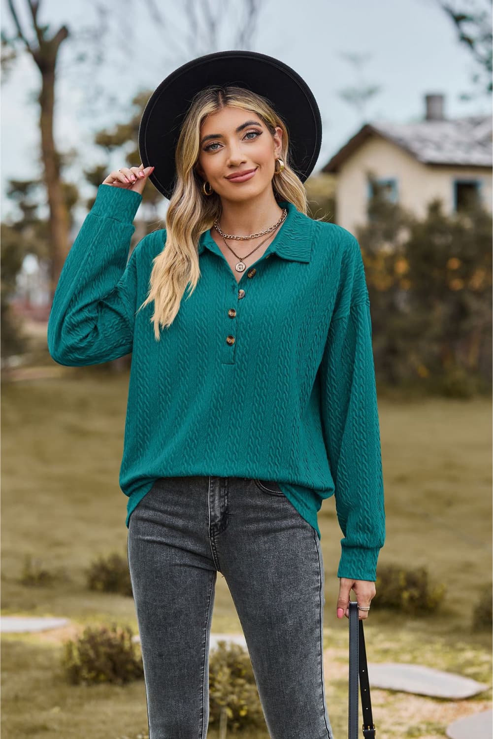 Collared Neck Long Sleeve Blouse - Tangerine Goddess