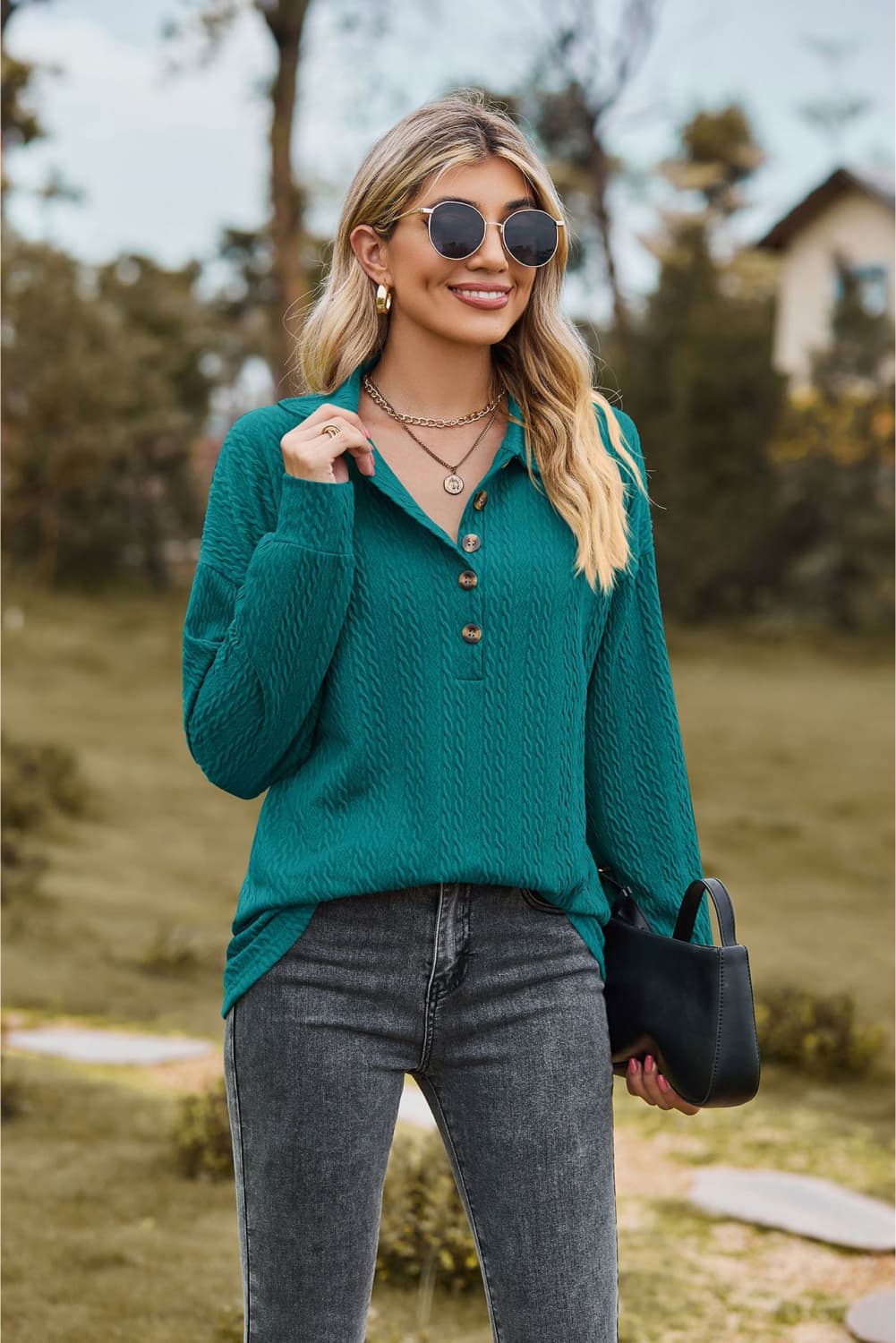 Collared Neck Long Sleeve Blouse - Tangerine Goddess