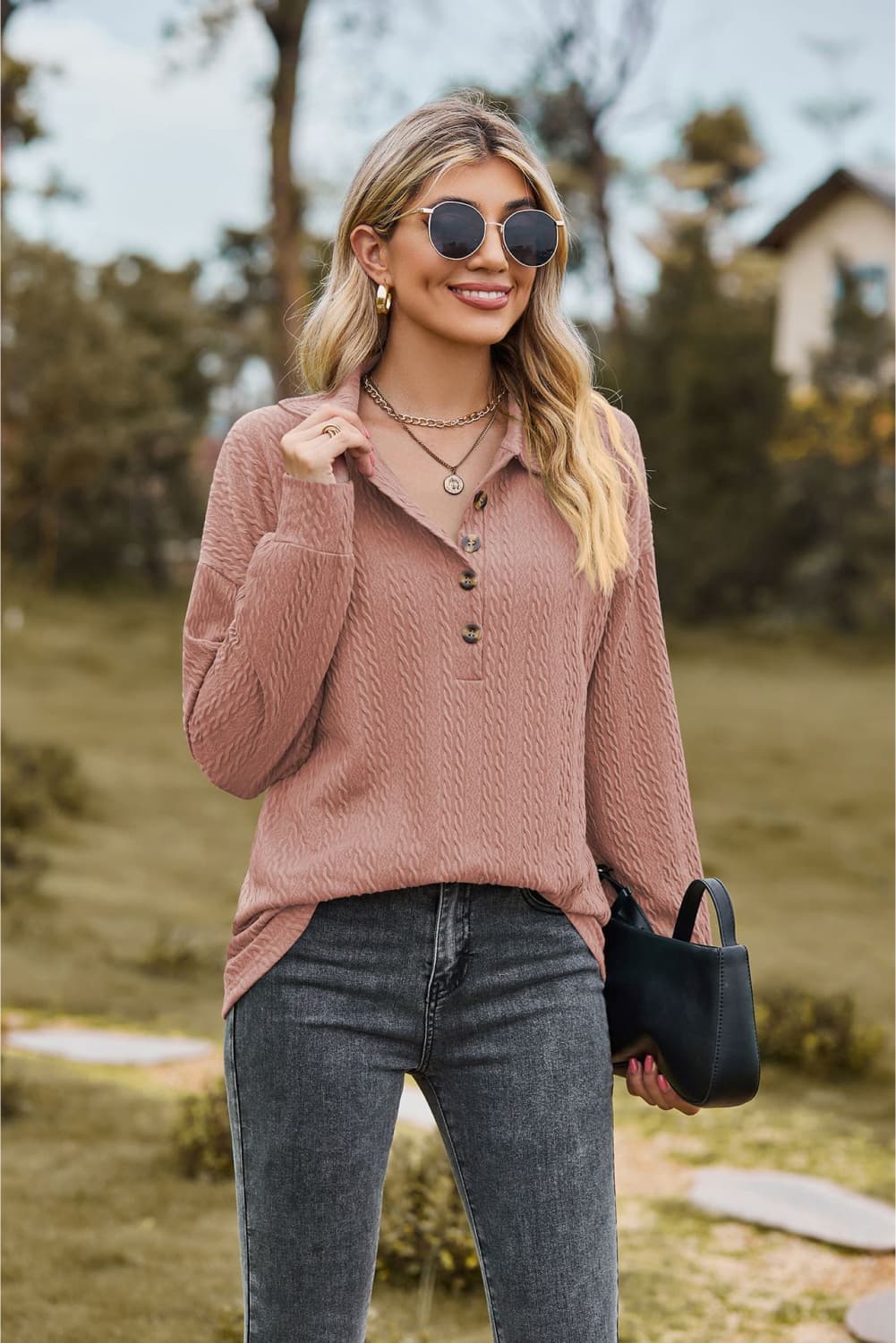 Collared Neck Long Sleeve Blouse - Tangerine Goddess