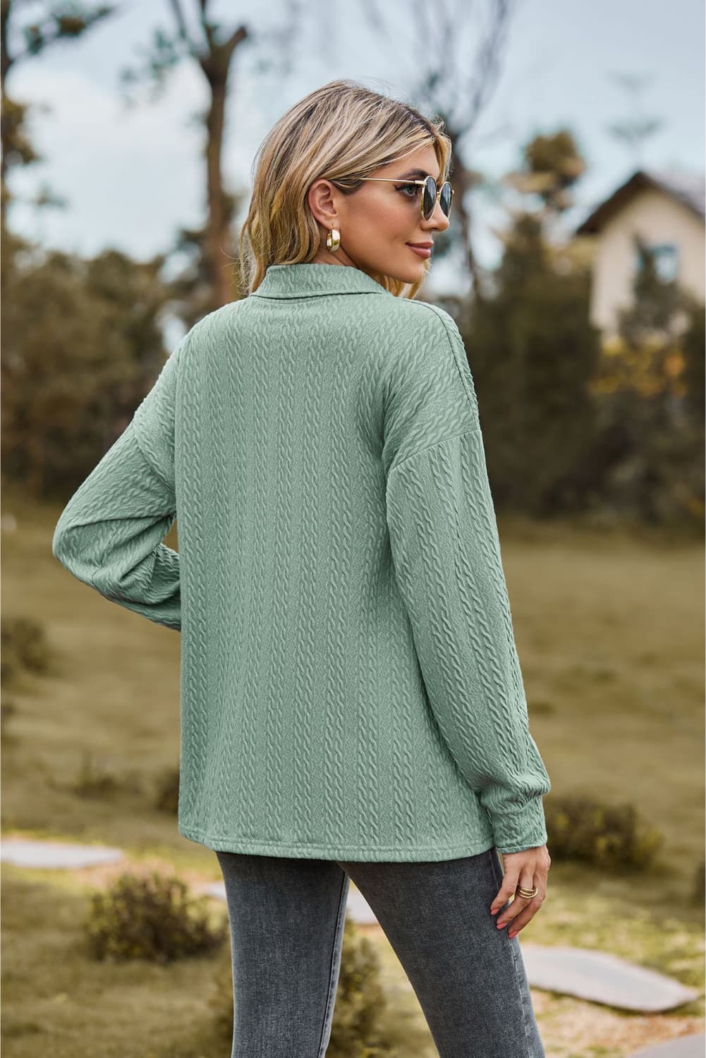 Collared Neck Long Sleeve Blouse - Tangerine Goddess