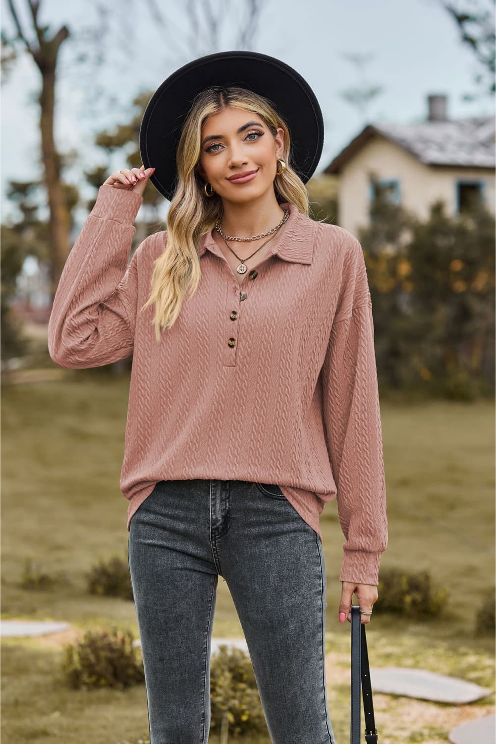 Collared Neck Long Sleeve Blouse - Tangerine Goddess