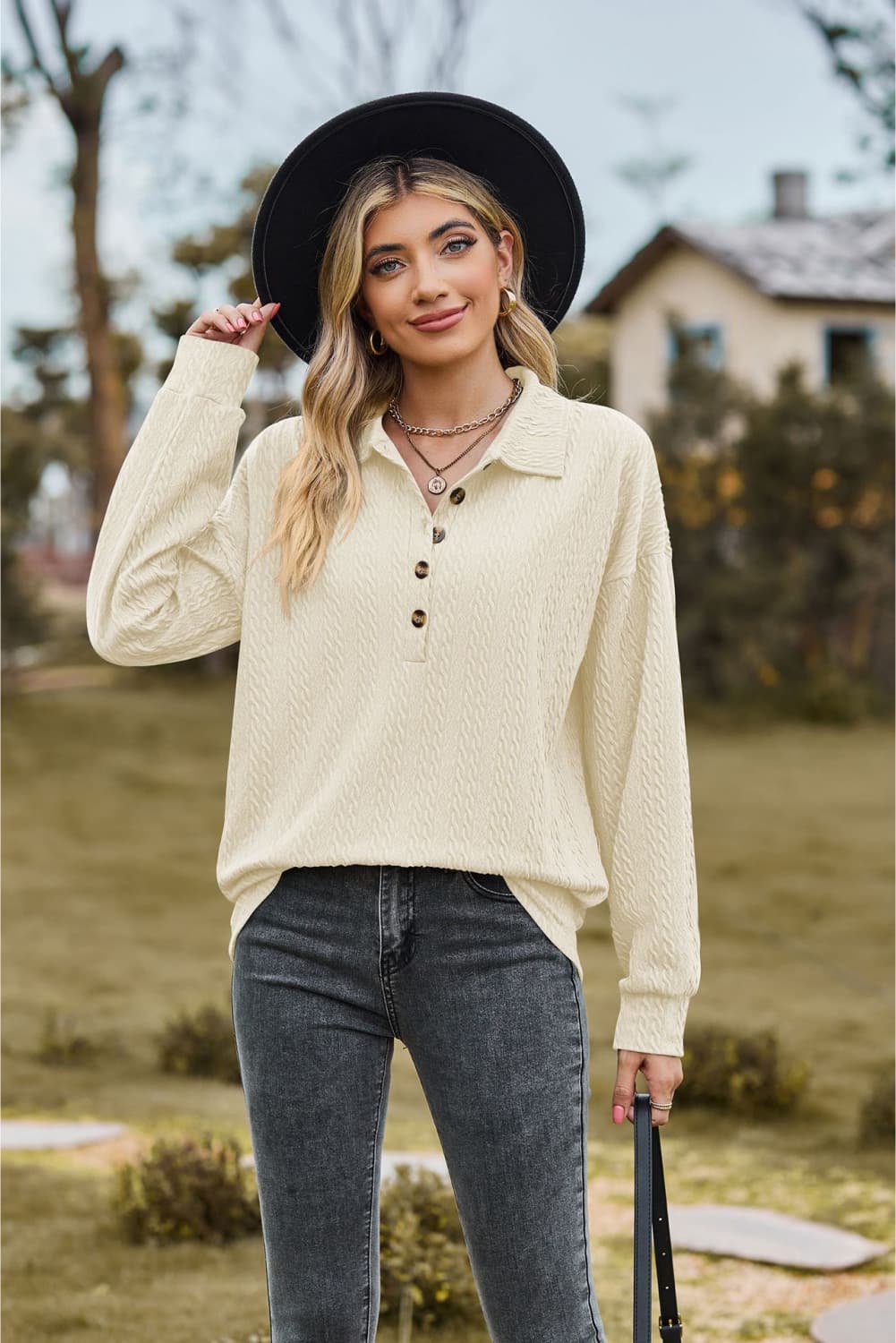 Collared Neck Long Sleeve Blouse - Tangerine Goddess