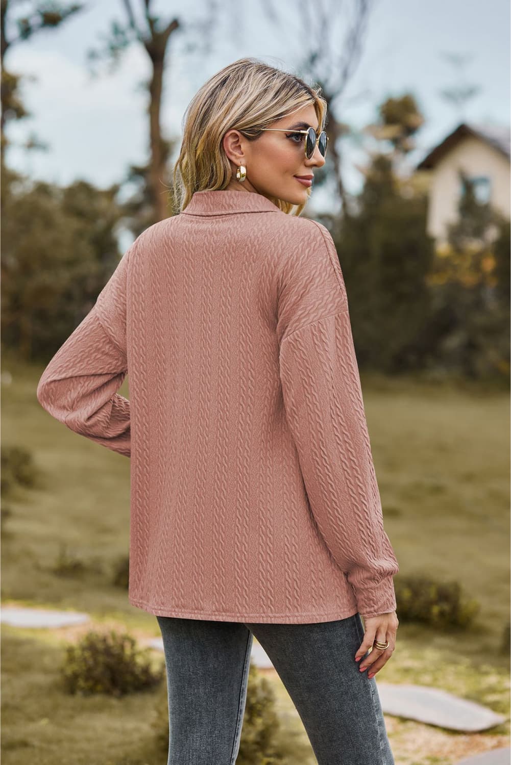 Collared Neck Long Sleeve Blouse - Tangerine Goddess