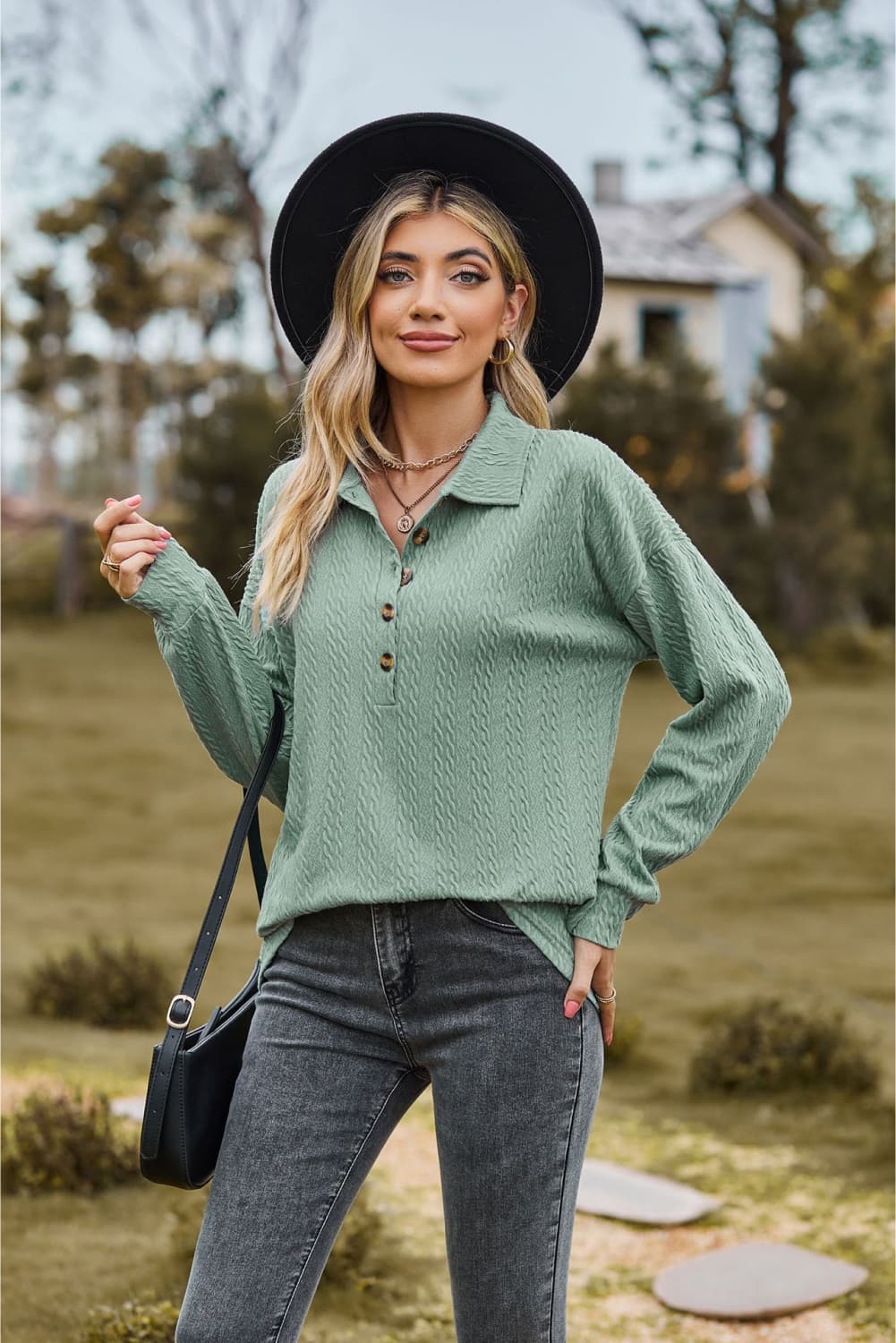 Collared Neck Long Sleeve Blouse - Tangerine Goddess