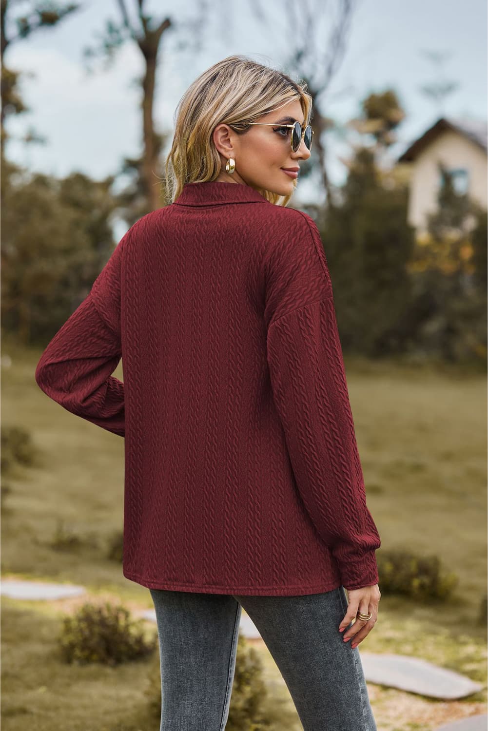 Collared Neck Long Sleeve Blouse - Tangerine Goddess