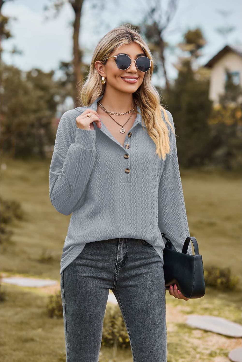 Collared Neck Long Sleeve Blouse - Tangerine Goddess