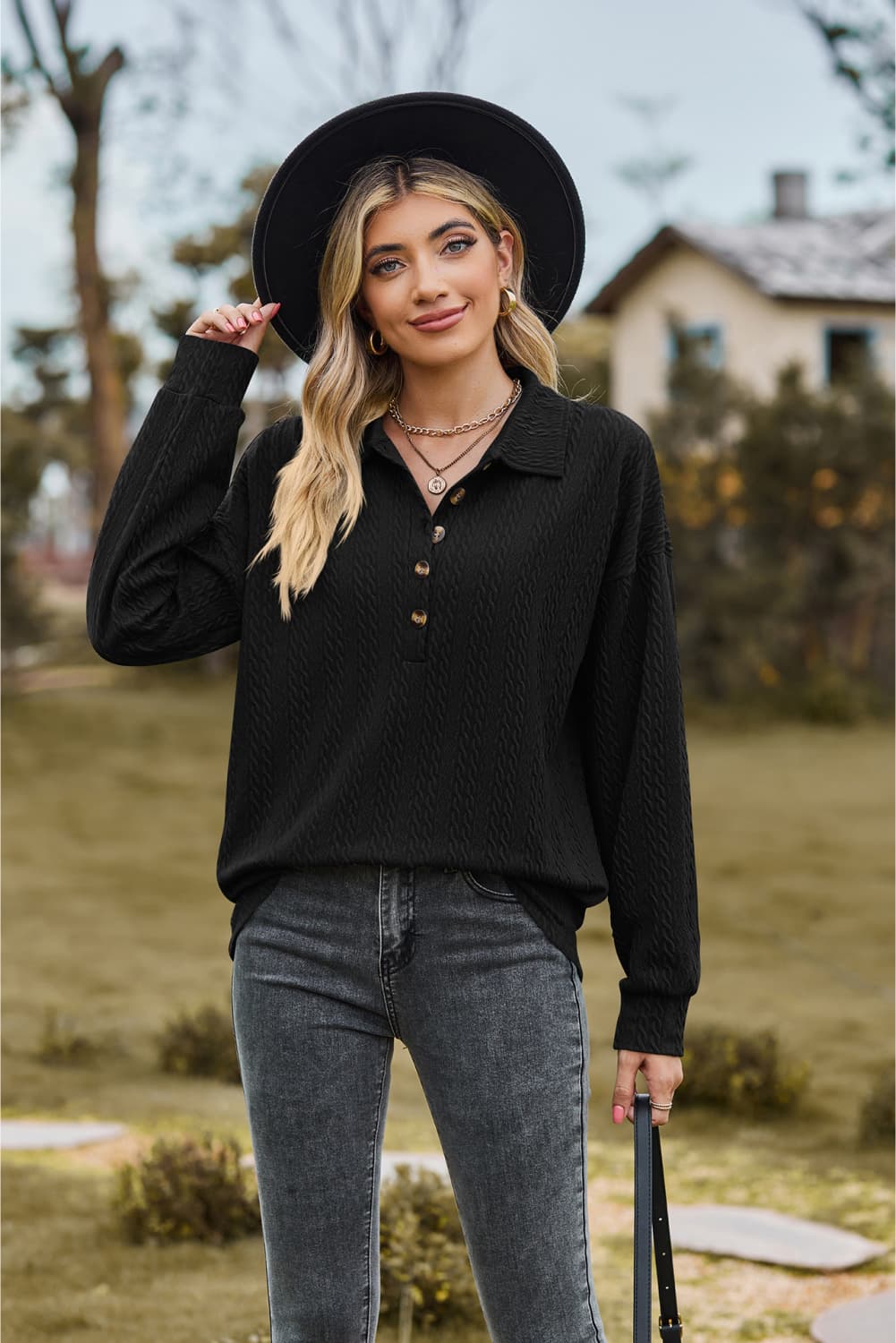 Collared Neck Long Sleeve Blouse - Tangerine Goddess