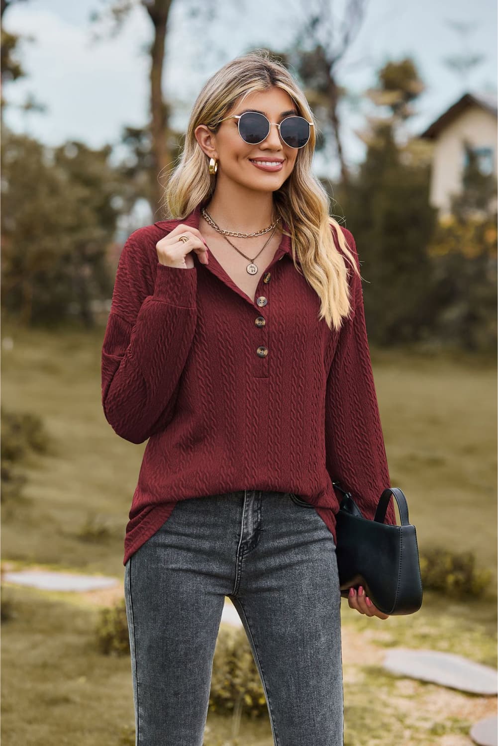 Collared Neck Long Sleeve Blouse - Tangerine Goddess