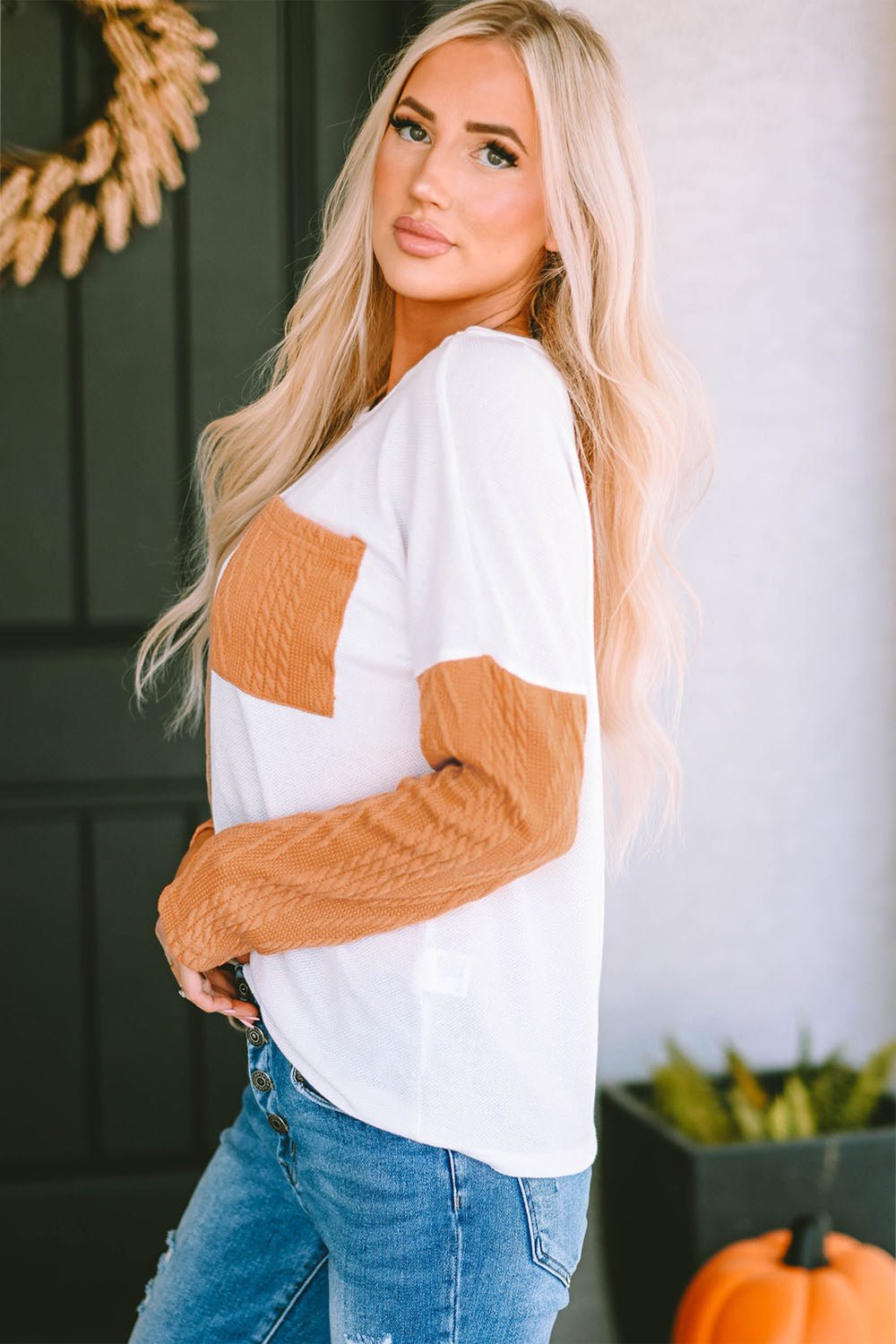 Color Block Cable-Knit Sweater - Tangerine Goddess
