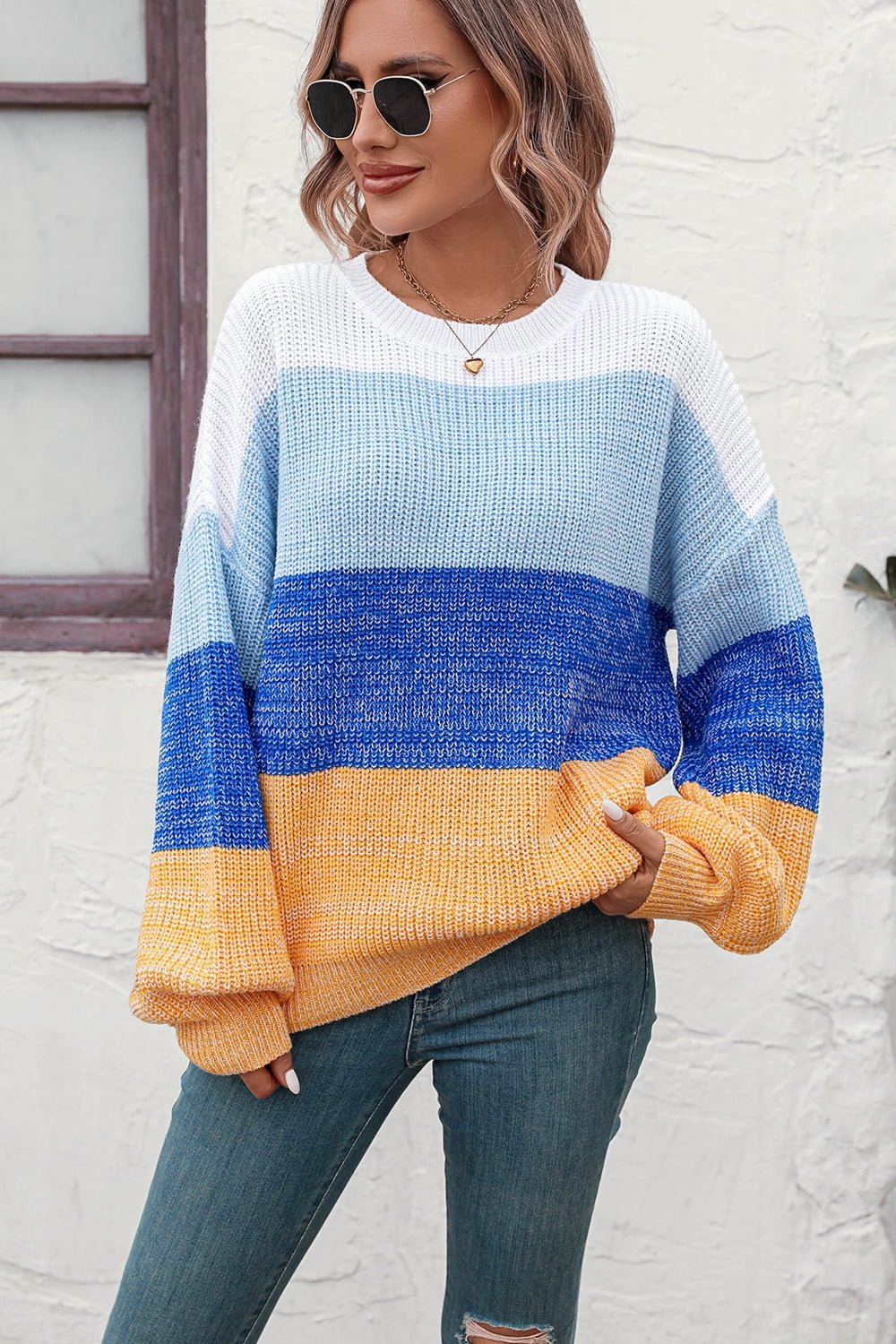 Color Block Ribbed Pullover Sweater - Tangerine Goddess