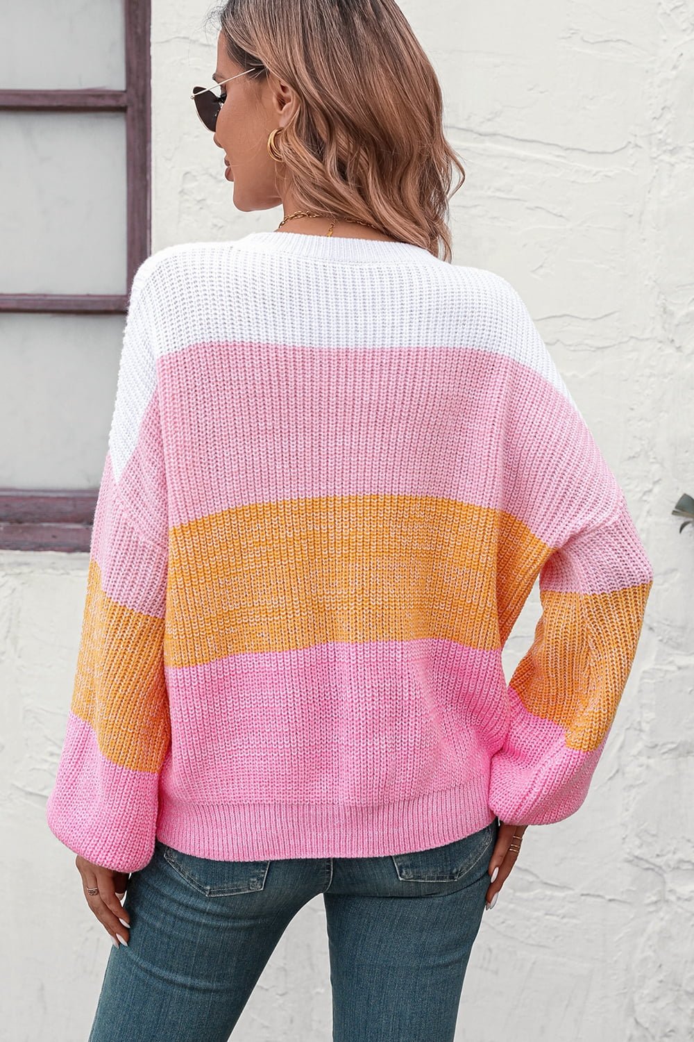 Color Block Ribbed Pullover Sweater - Tangerine Goddess